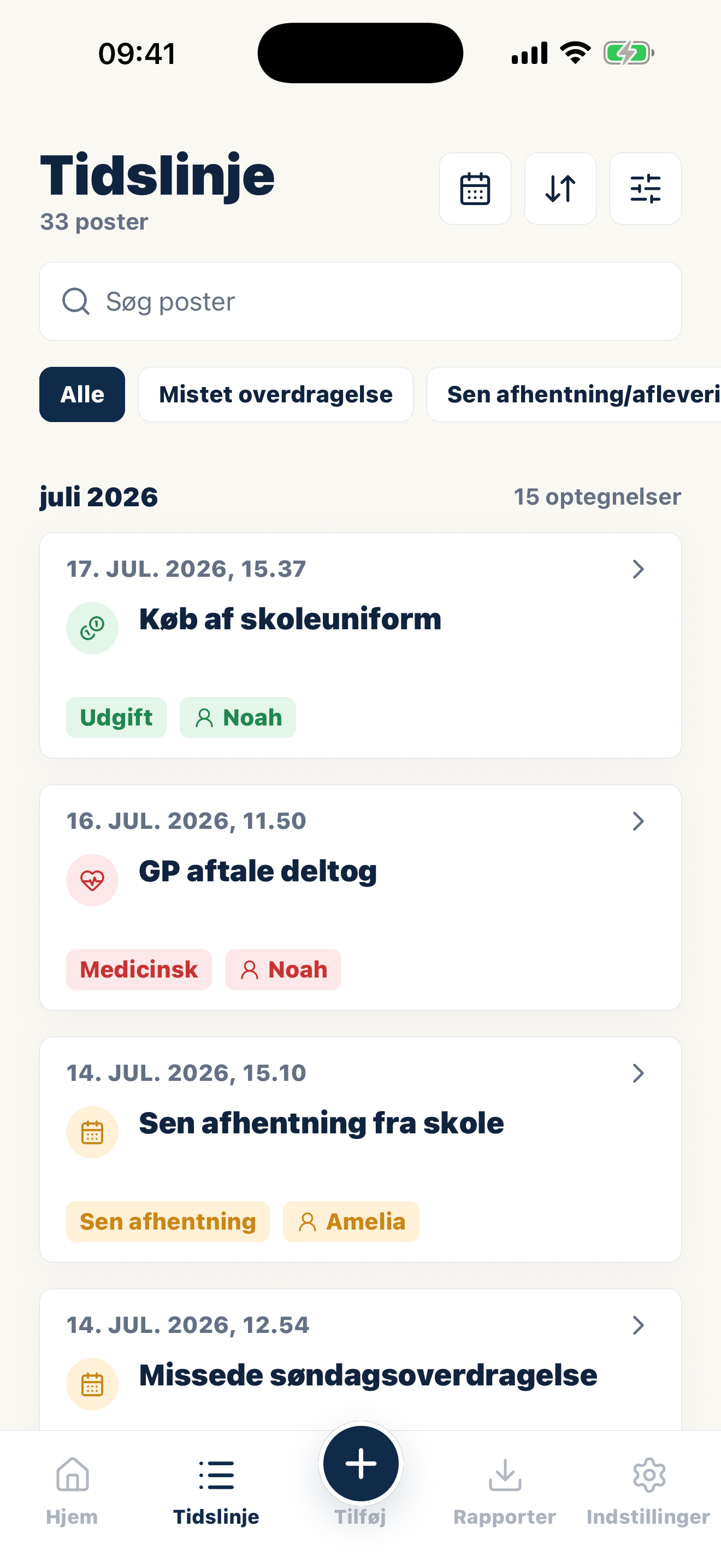 Casewell-tidslinje med daterede kategorier og bilag