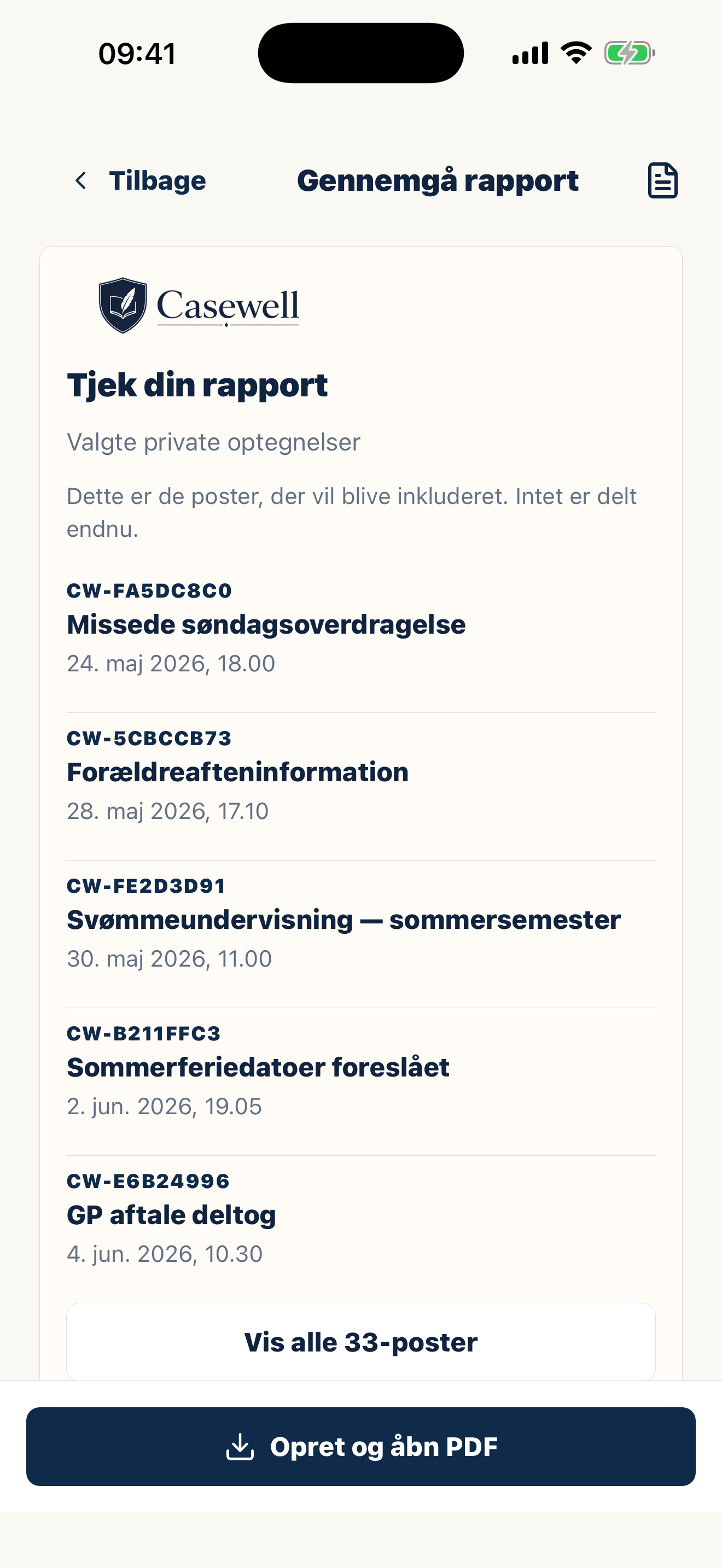 Casewell PDF-eksport med organiserede optegnelser