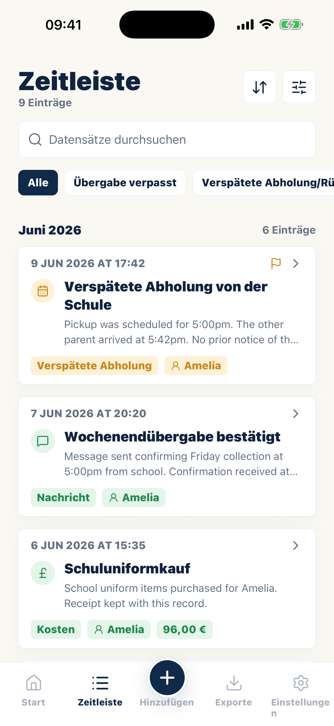 Casewell-Zeitablauf mit datierten Kategorien und zugeordneten Nachweisen