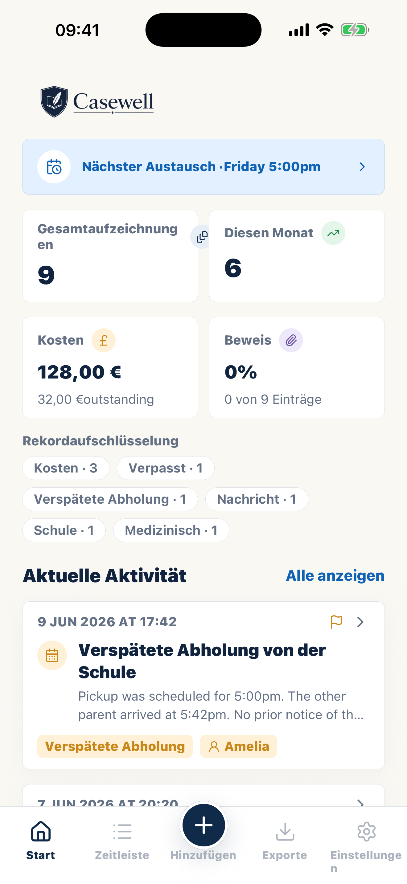 Casewell-Startseite mit privaten Sorgerechtsaufzeichnungen