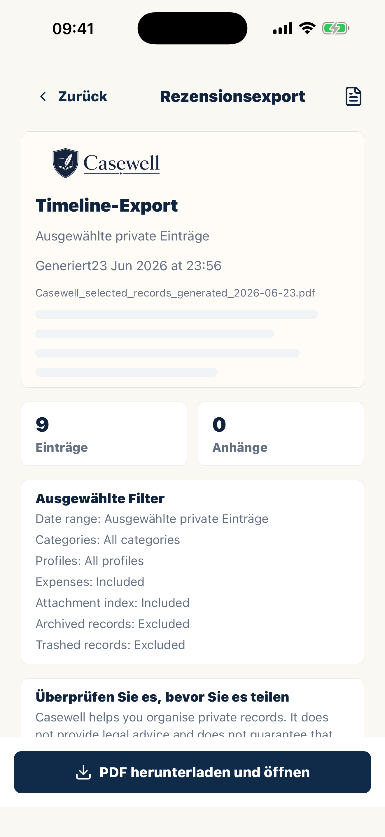 Casewell-PDF-Export mit geordneten Aufzeichnungen