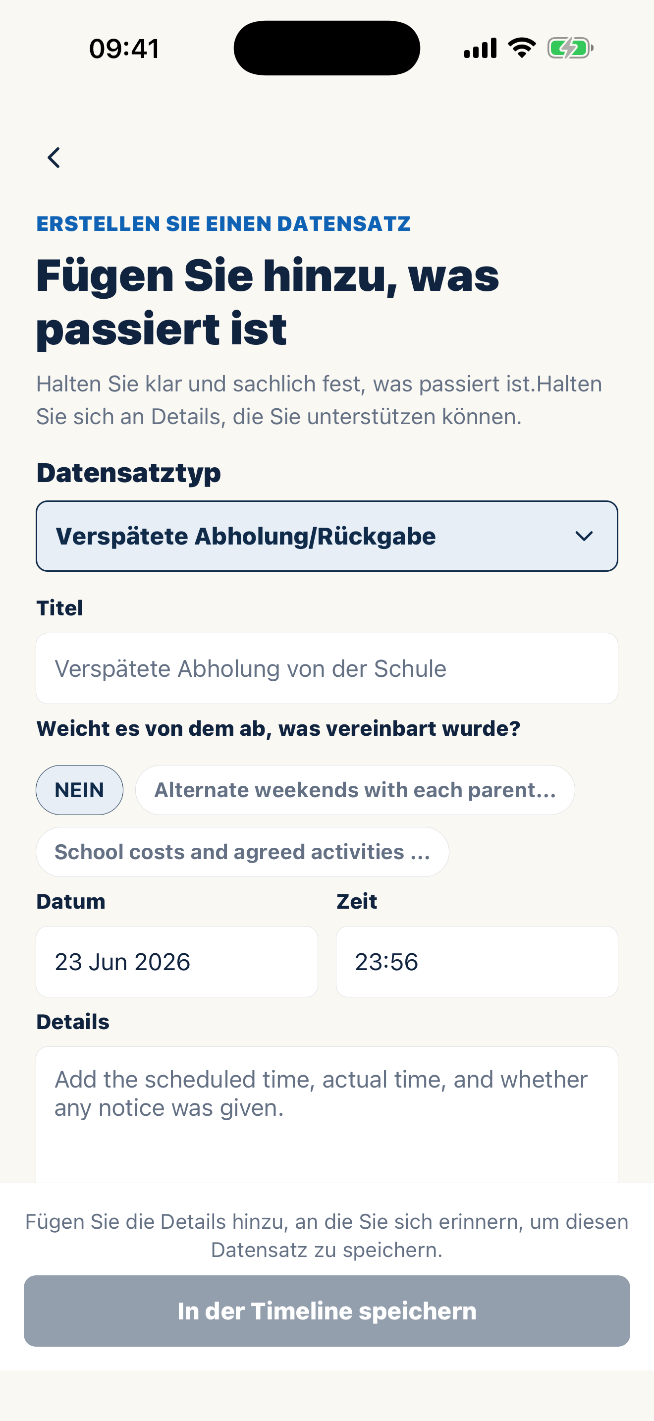 Casewell-Eingabemaske für sachliche Aufzeichnungen
