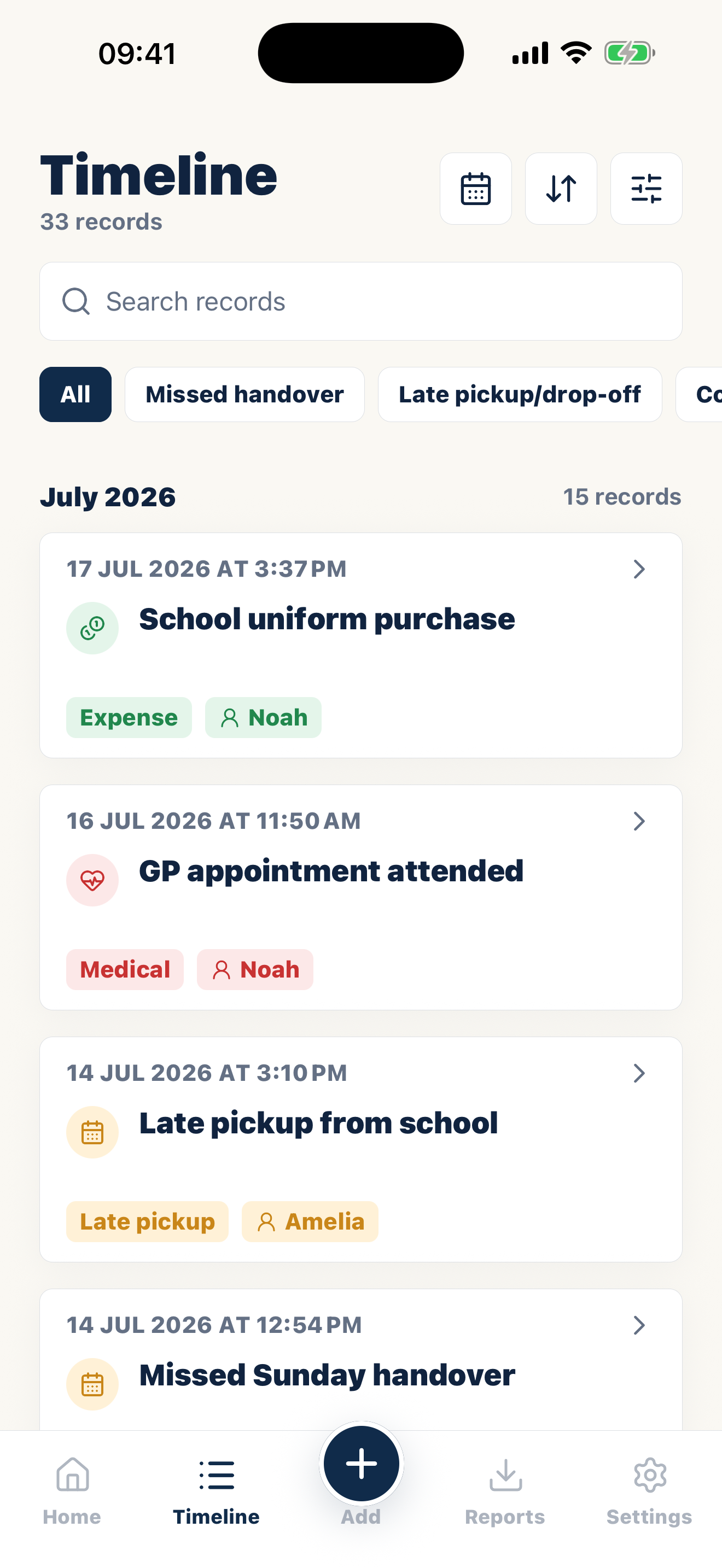 Casewell custody timeline with dated categories and attached records