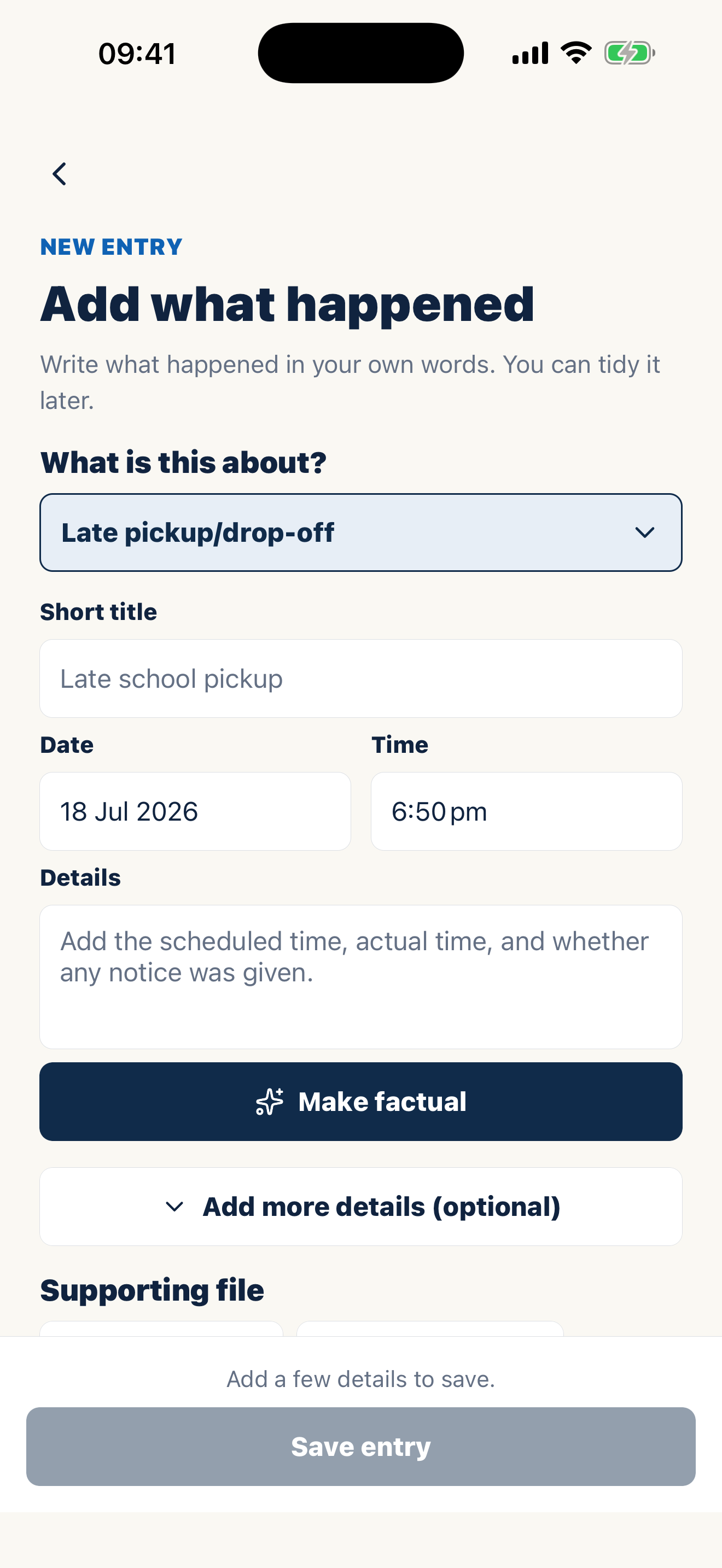 Casewell record screen for writing factual custody journal notes