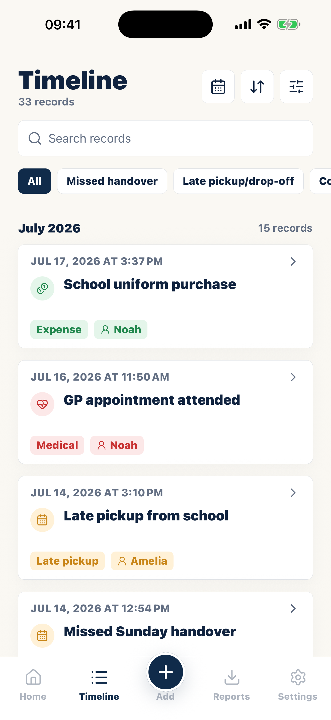 Casewell custody timeline with dated categories and attached records