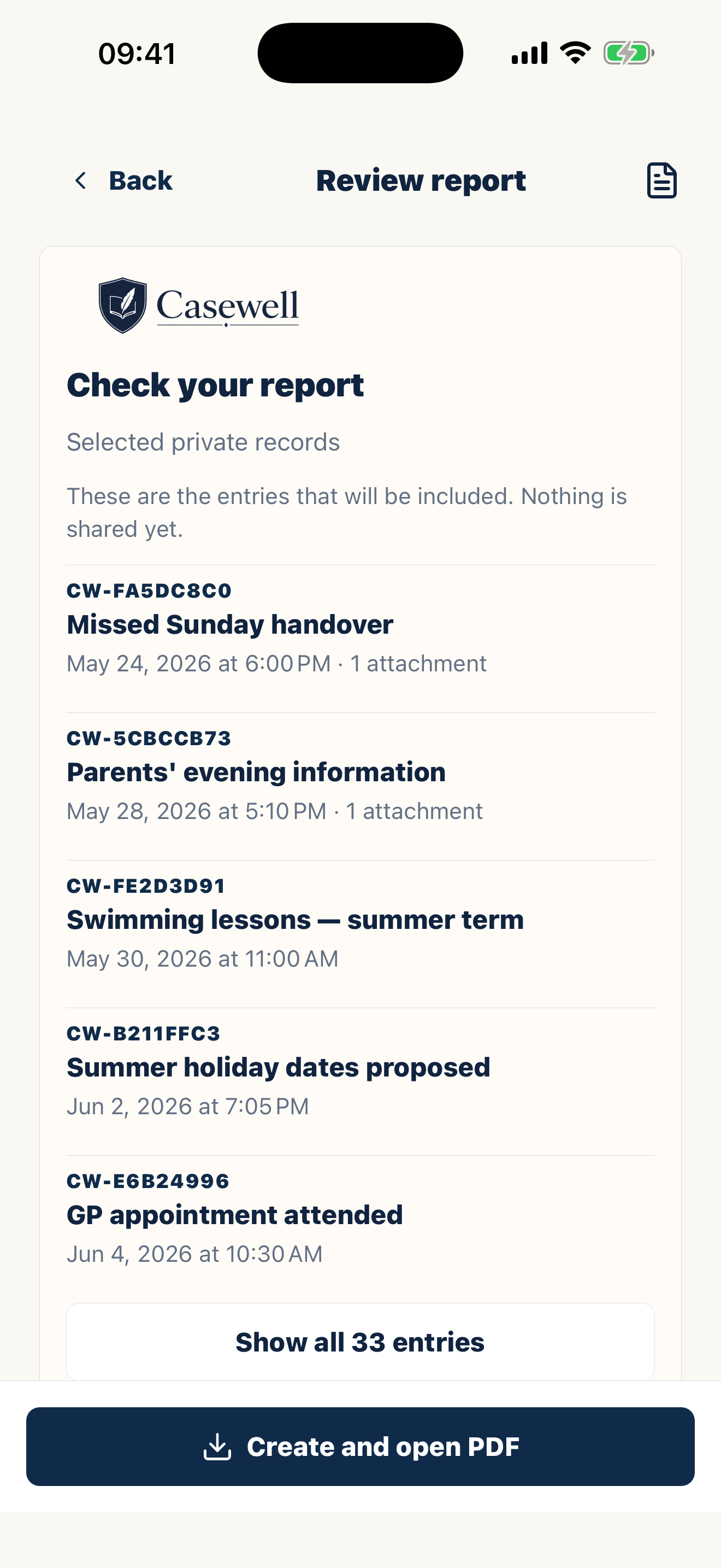 Casewell PDF export screen for organized co-parenting reports