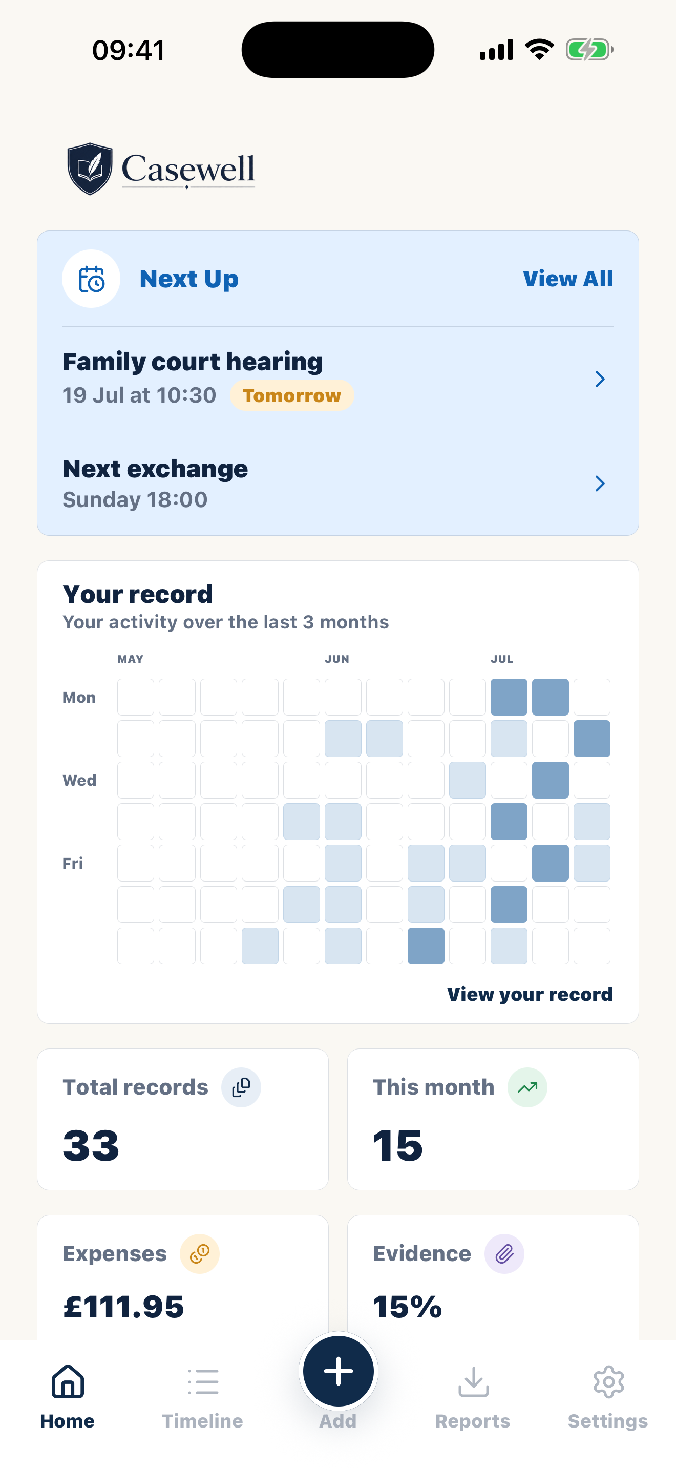 Casewell home screen showing private custody records