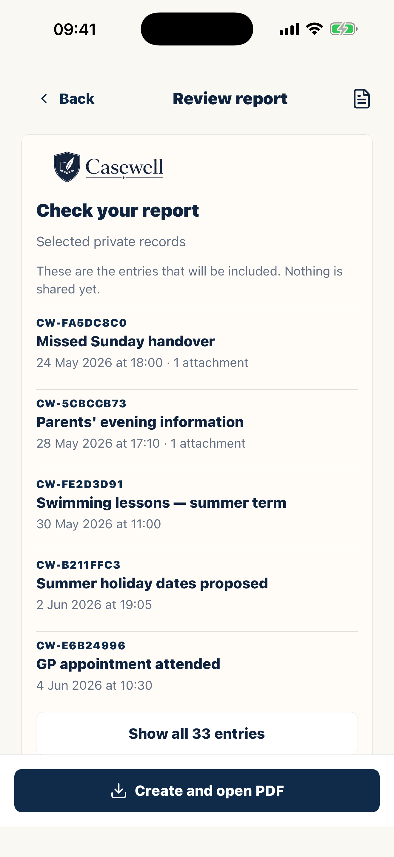 Casewell PDF export screen for organized co-parenting reports