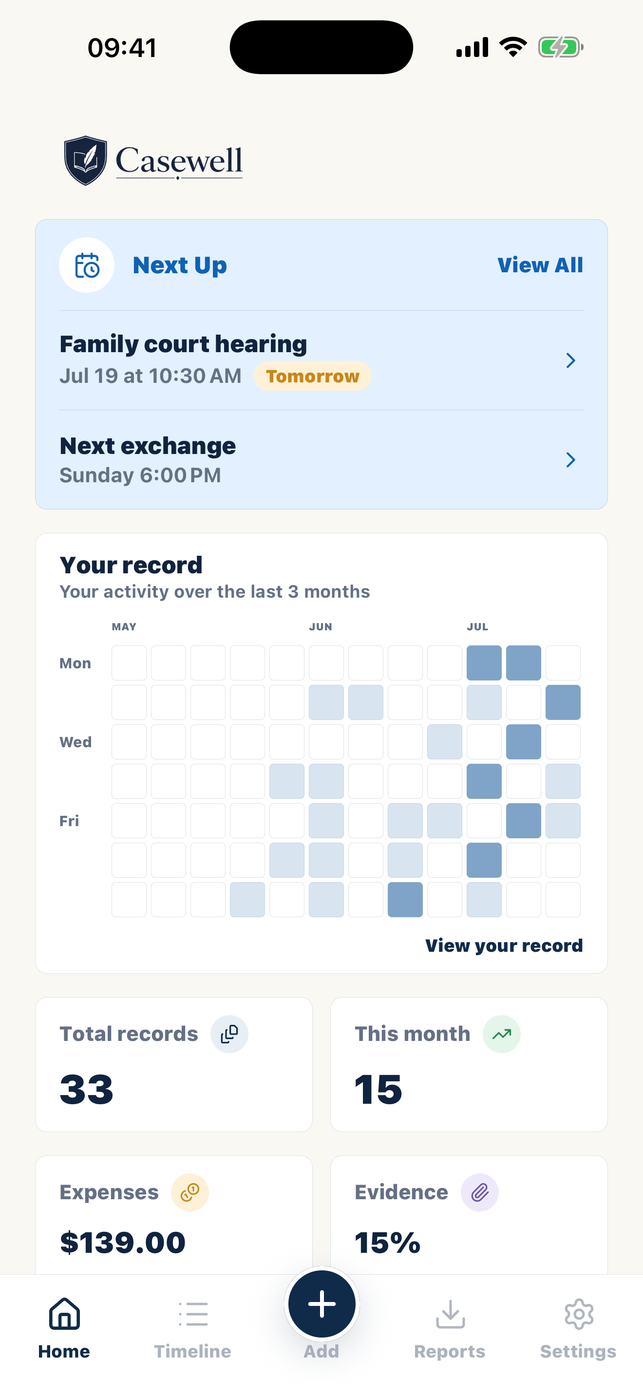 Casewell home screen showing private custody records