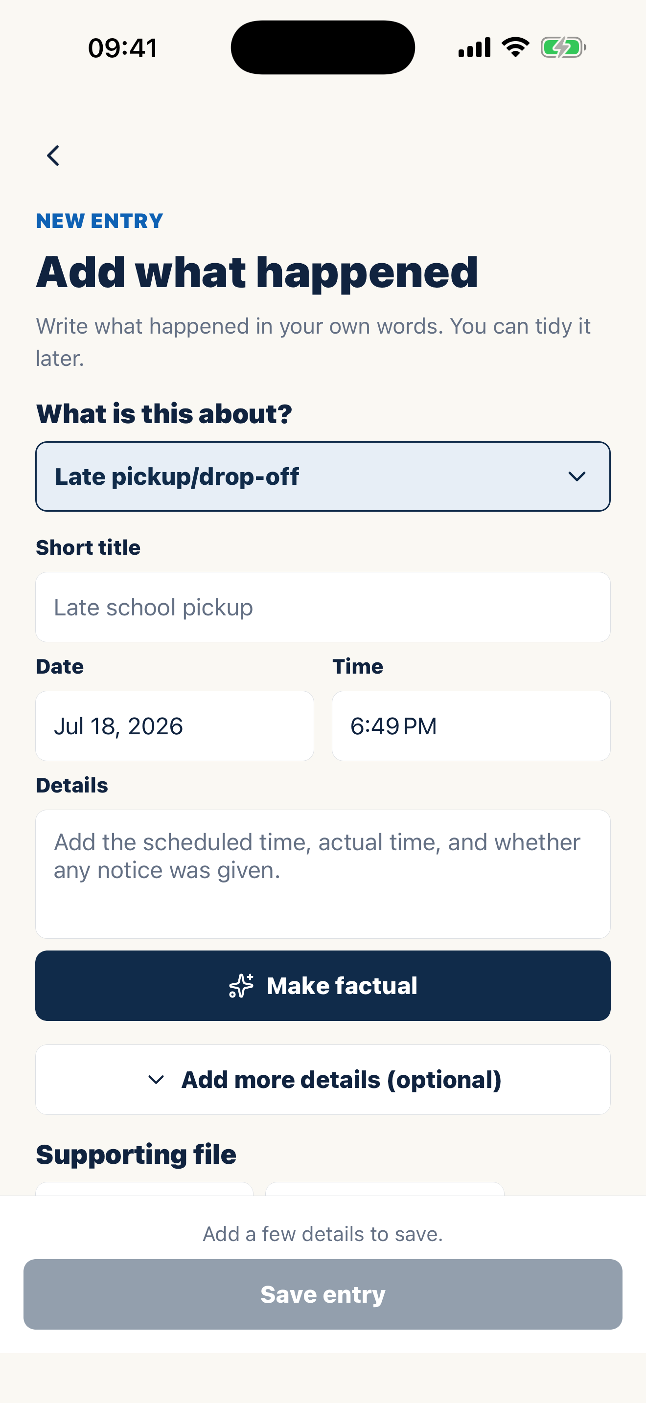 Casewell record screen for writing factual custody journal notes