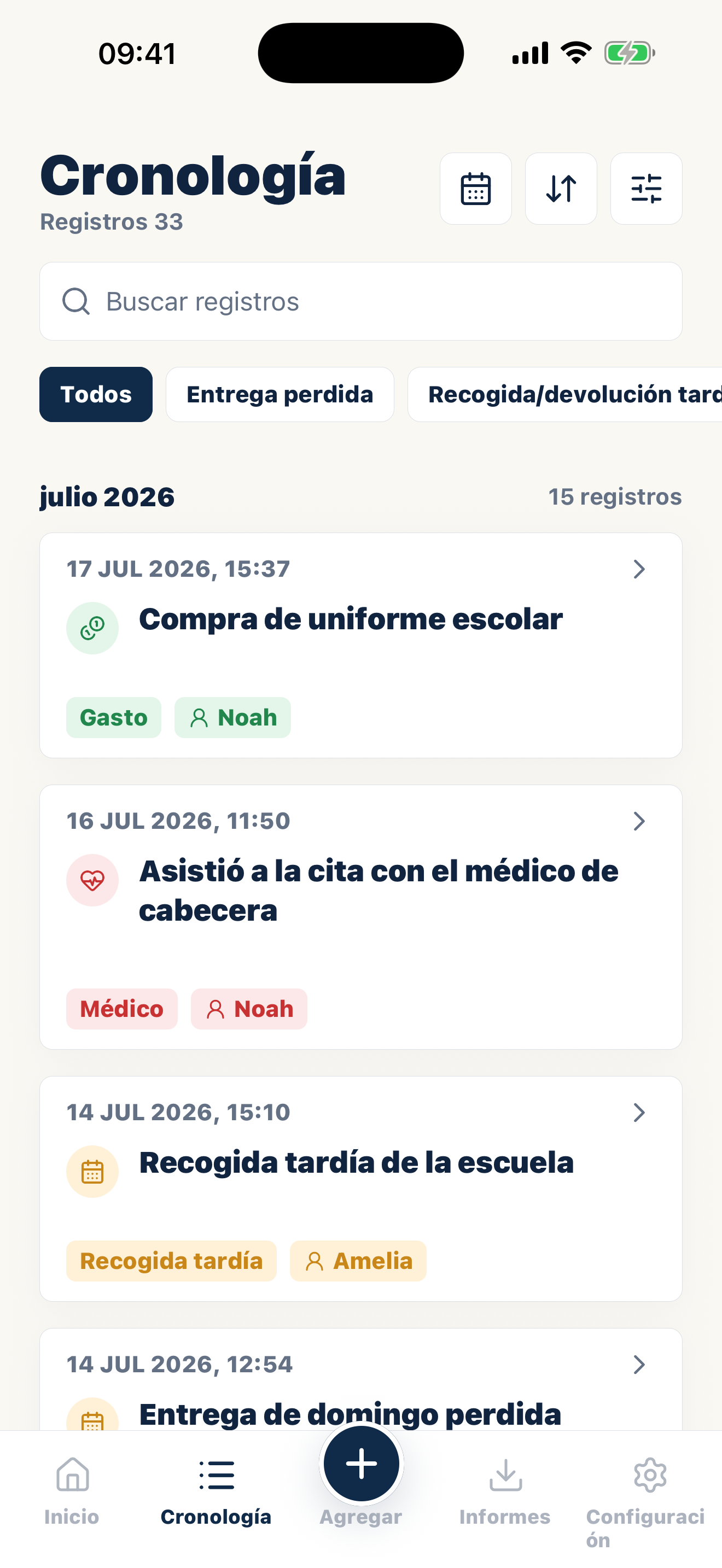 Cronología de Casewell con categorías fechadas y archivos adjuntos