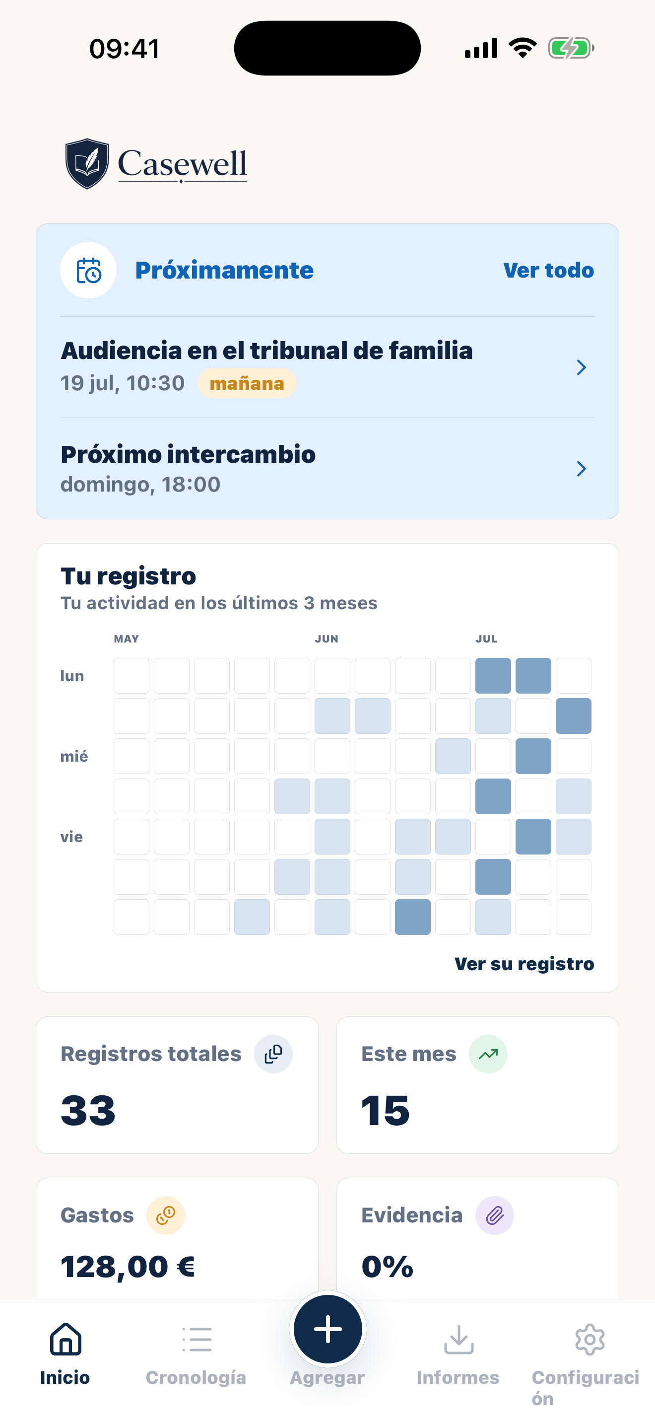 Pantalla de inicio de Casewell con registros privados de custodia