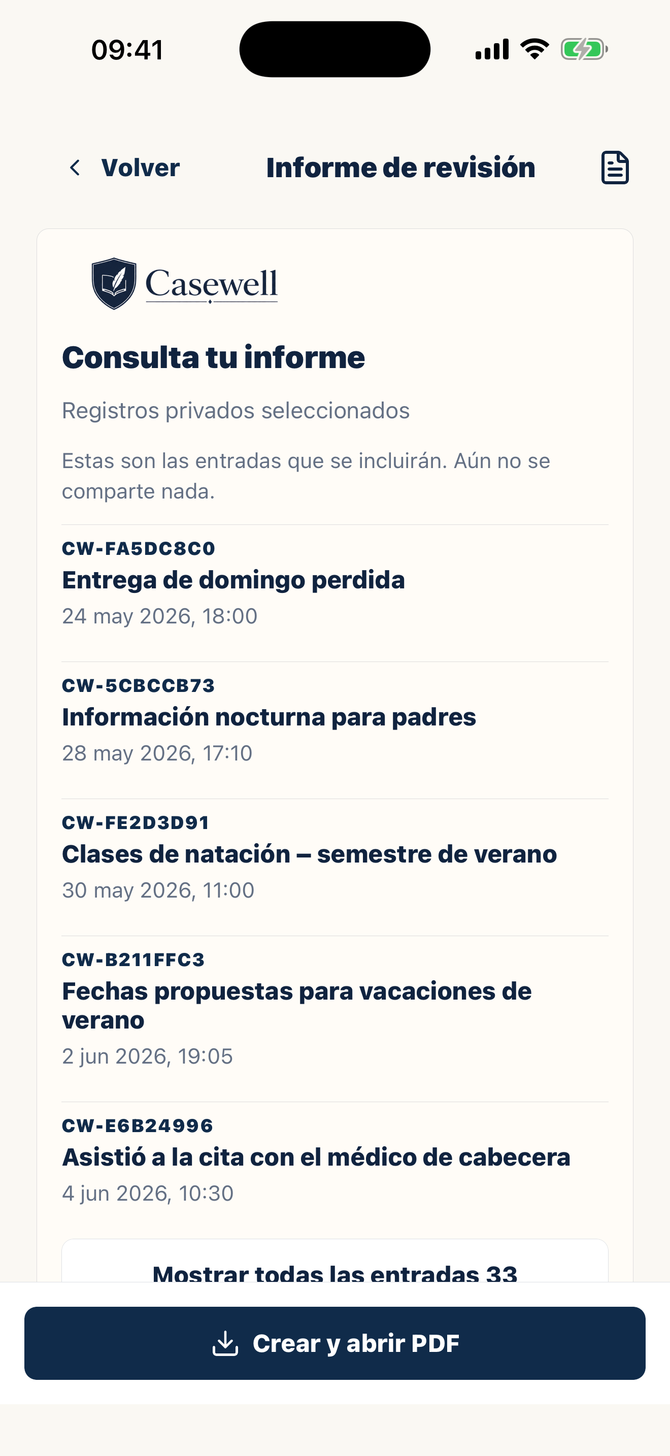 Exportación PDF de Casewell con registros organizados