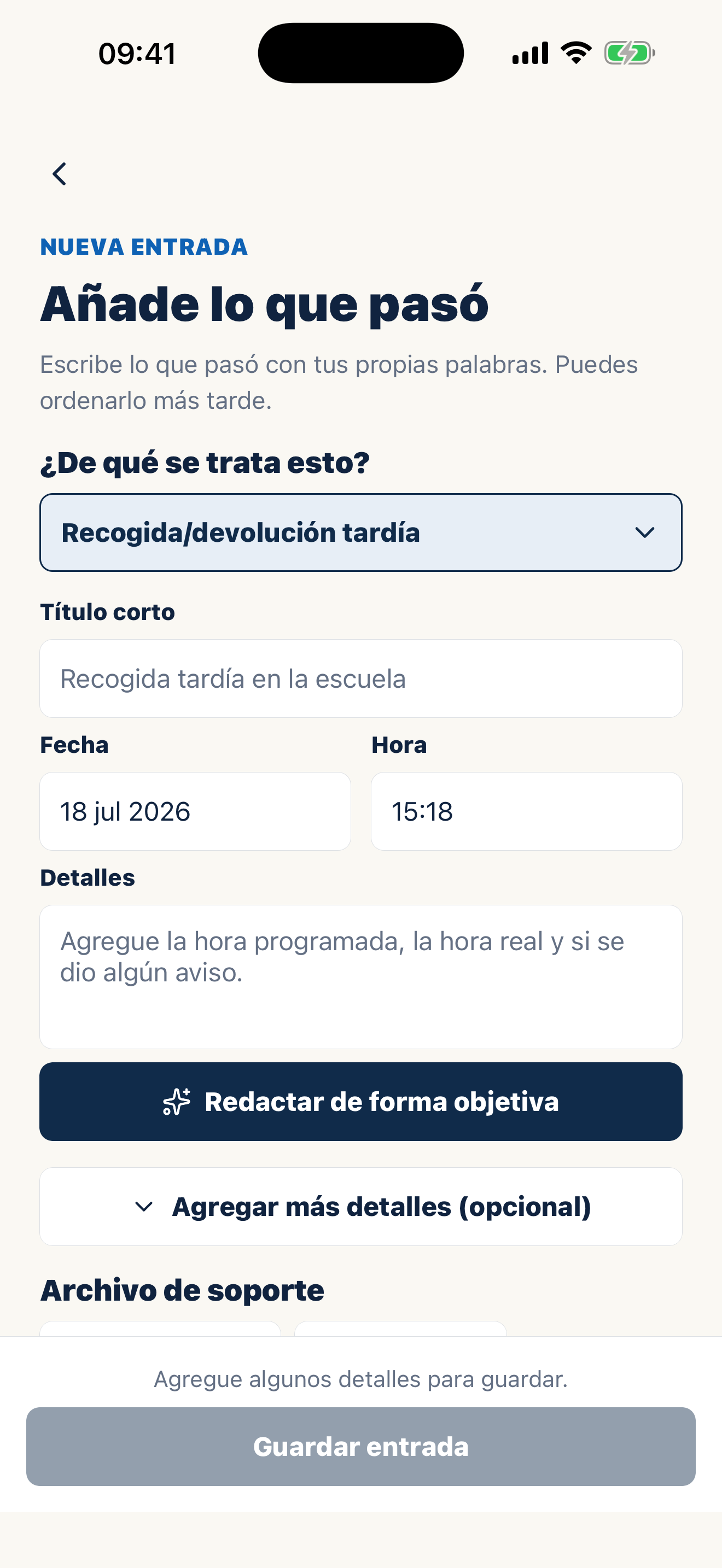 Pantalla de Casewell para escribir notas objetivas de custodia