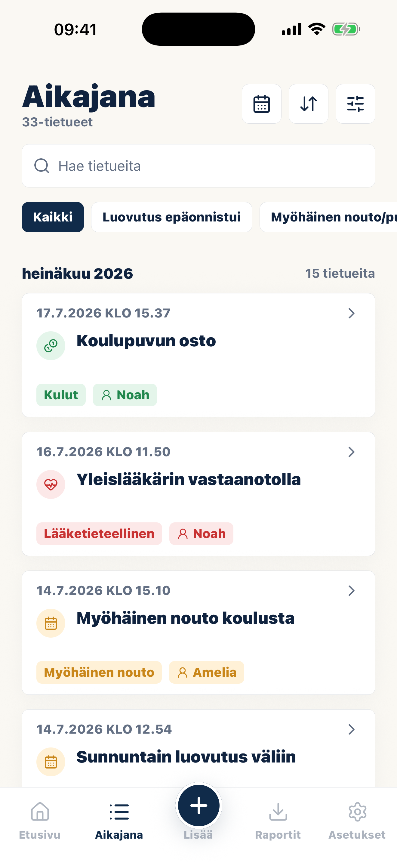 Casewellin aikajana päivätyillä luokilla ja liitteillä