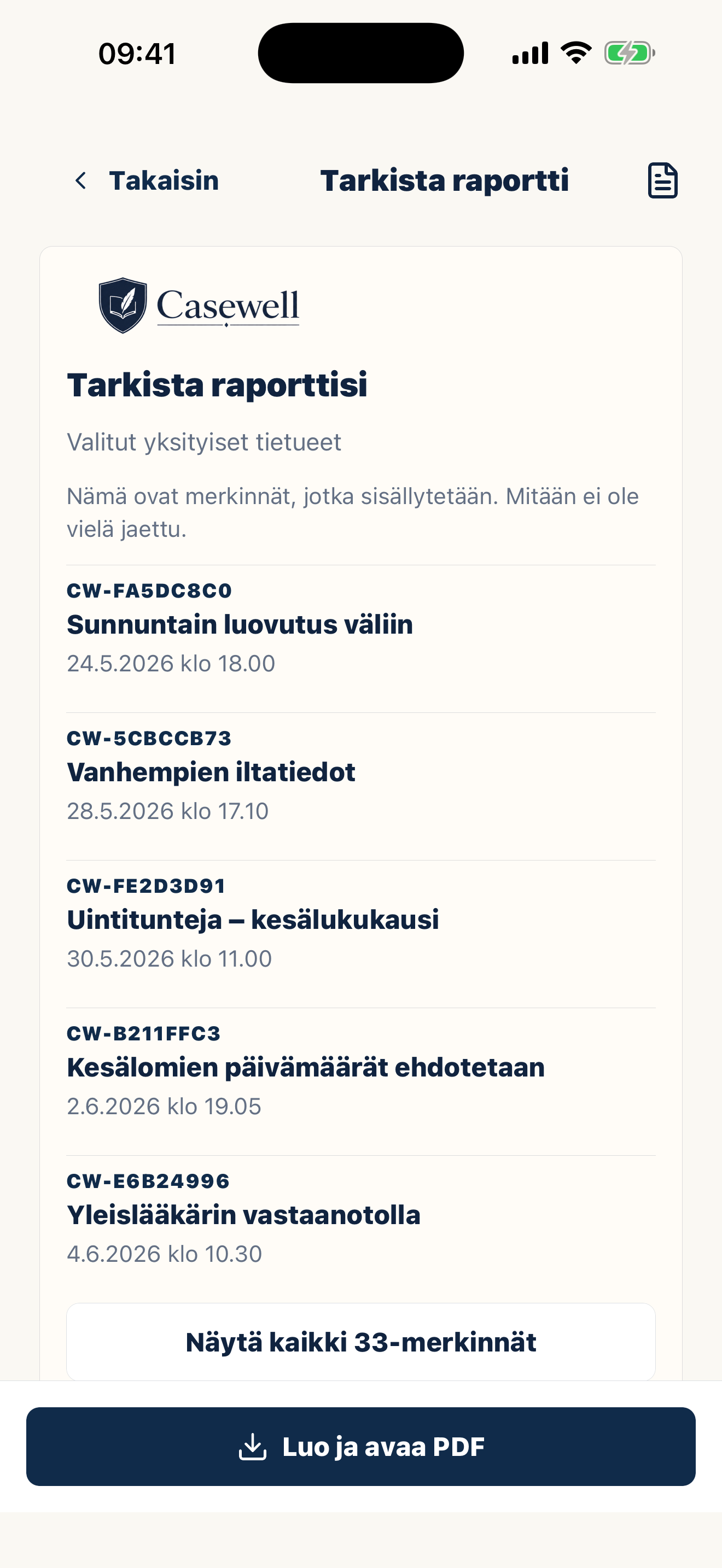 Casewellin PDF-vienti järjestetyistä merkinnöistä