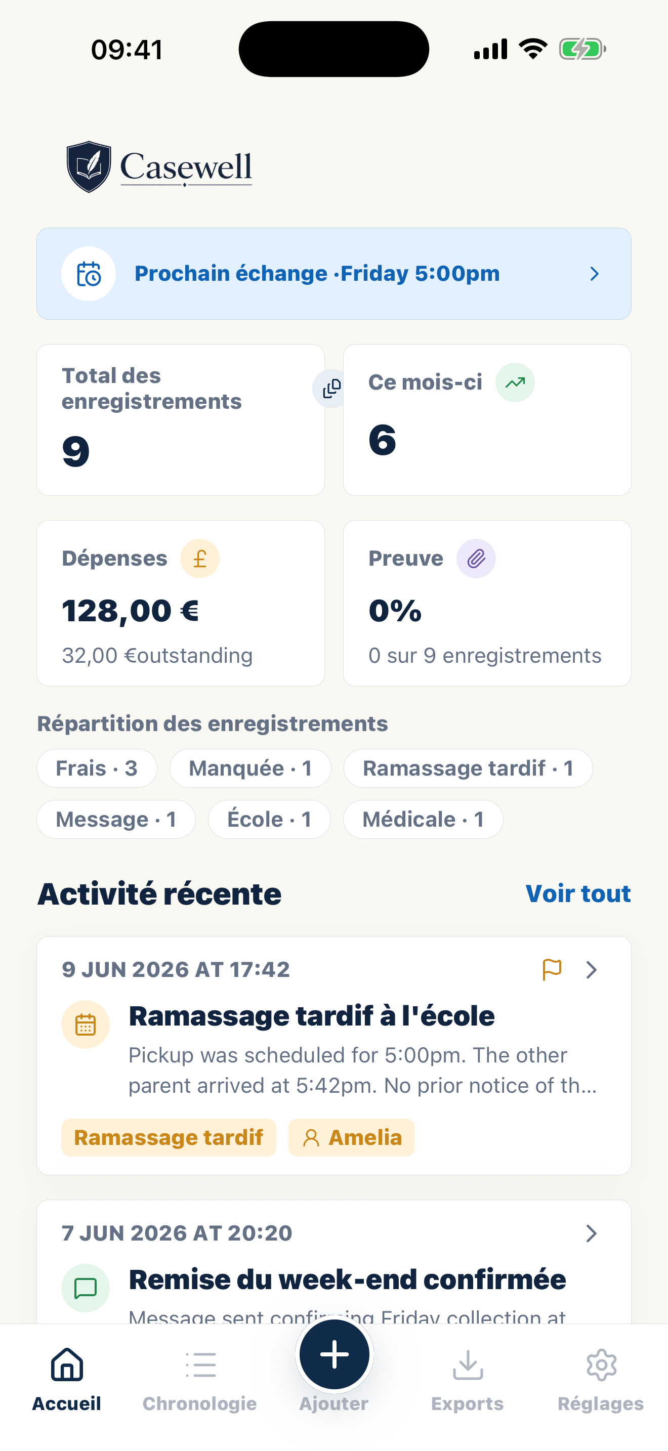 Écran d’accueil Casewell présentant des dossiers de garde privés