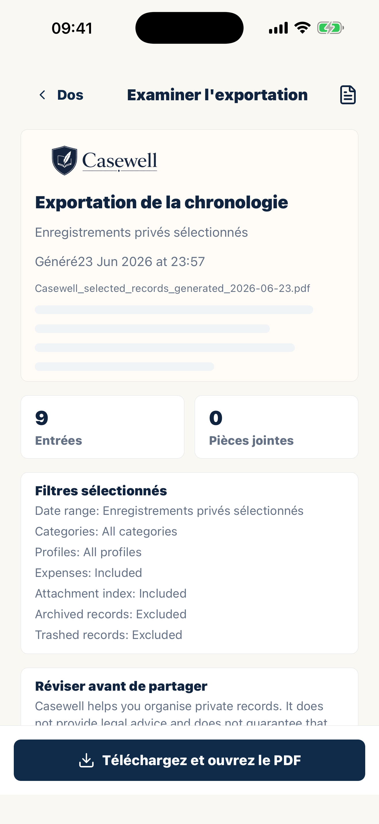 Écran d’export PDF Casewell avec des dossiers organisés