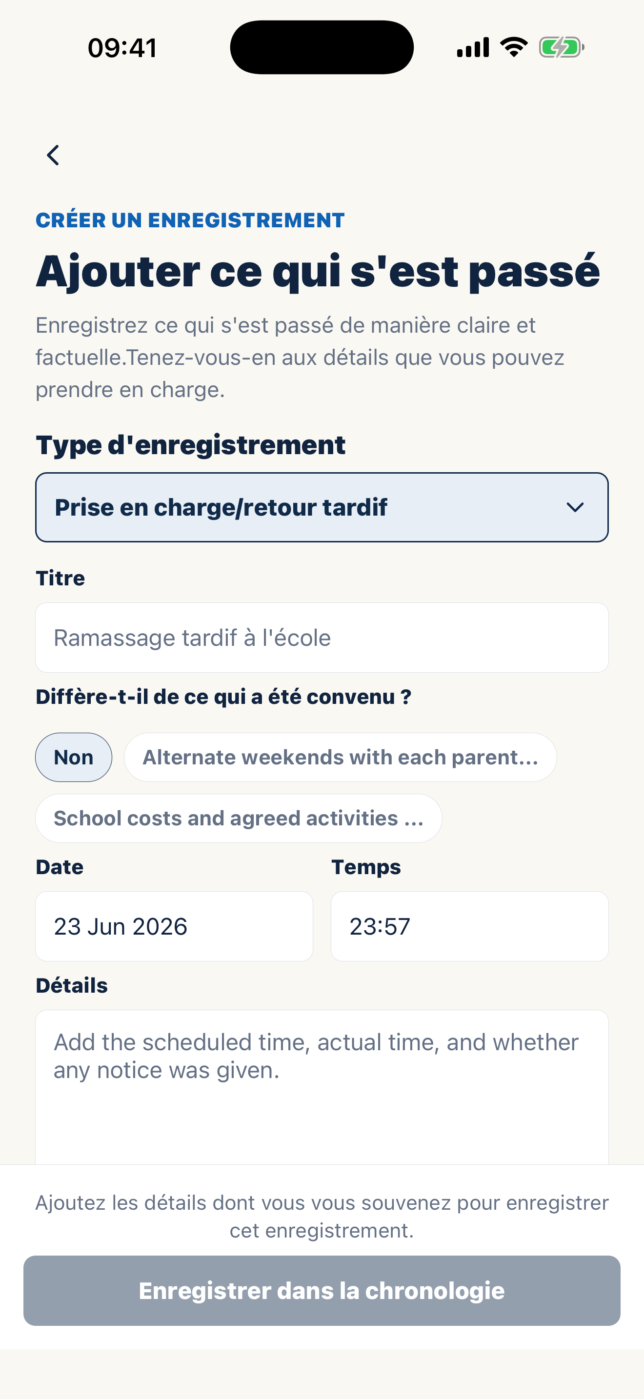 Écran Casewell pour rédiger une entrée factuelle