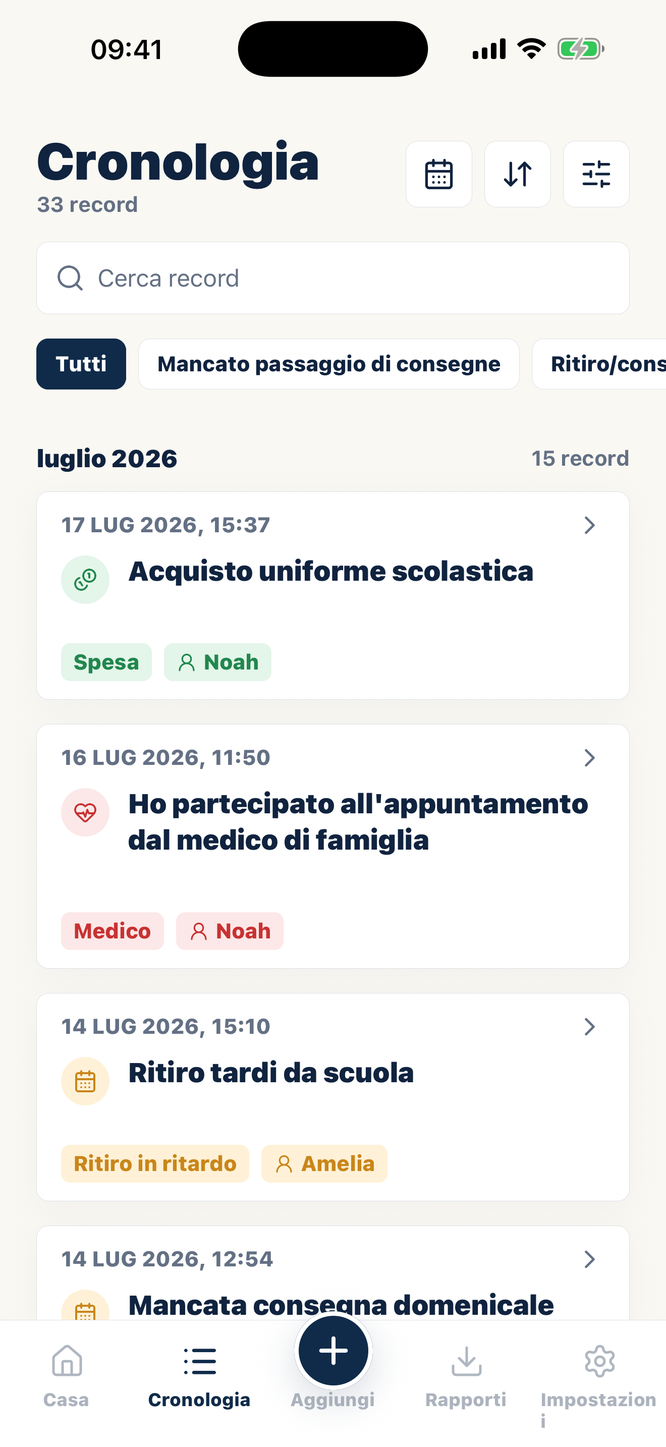 Cronologia Casewell con categorie datate e allegati