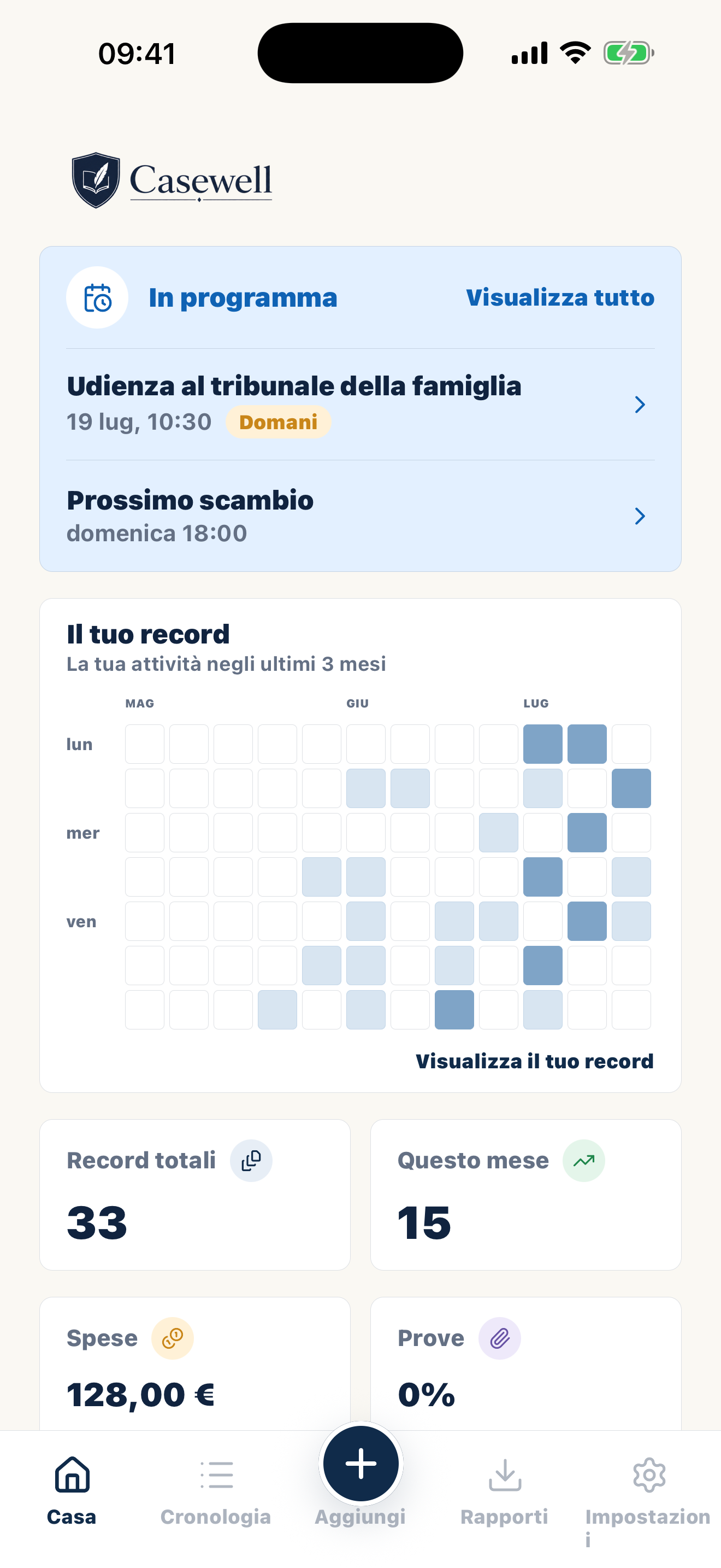 Schermata iniziale di Casewell con registrazioni private sull’affidamento