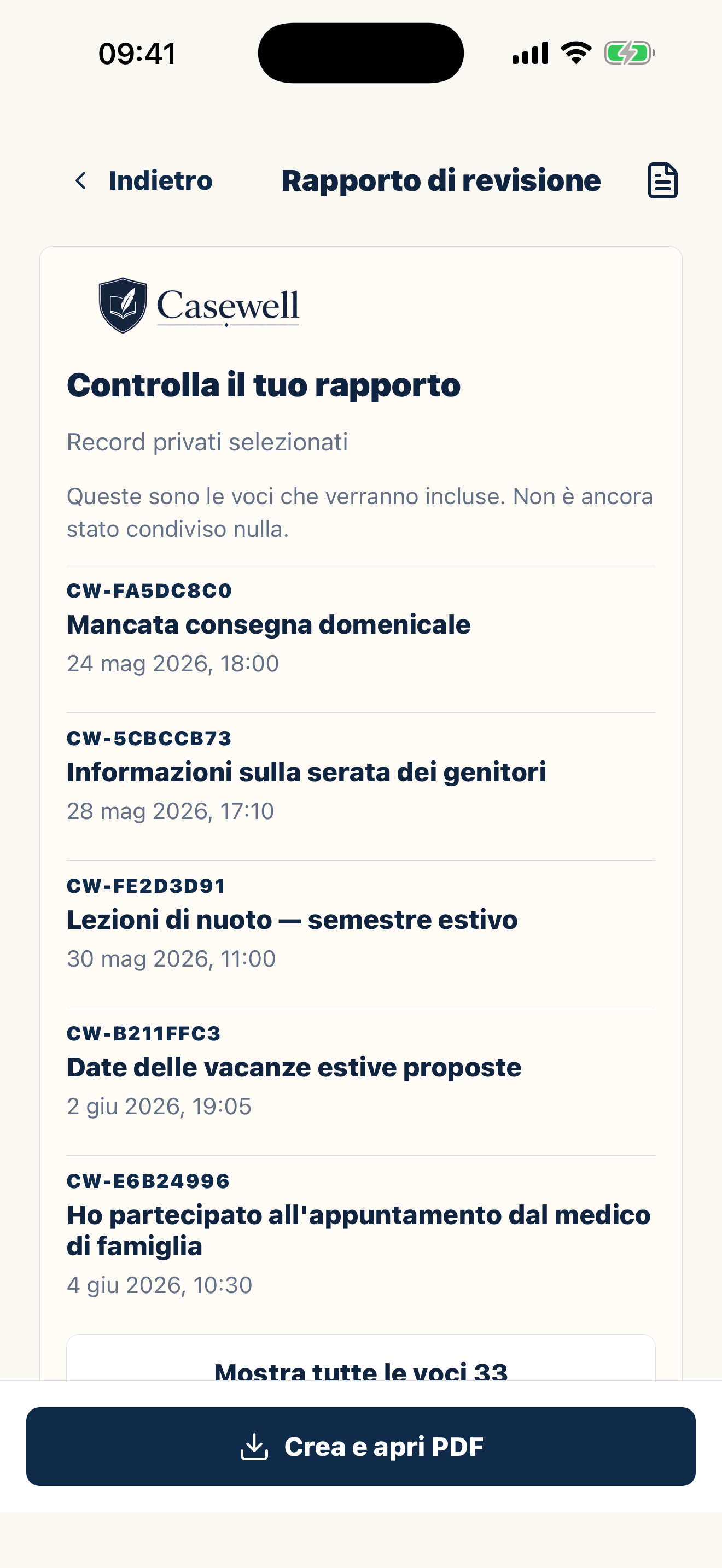 Esportazione PDF Casewell con documentazione organizzata