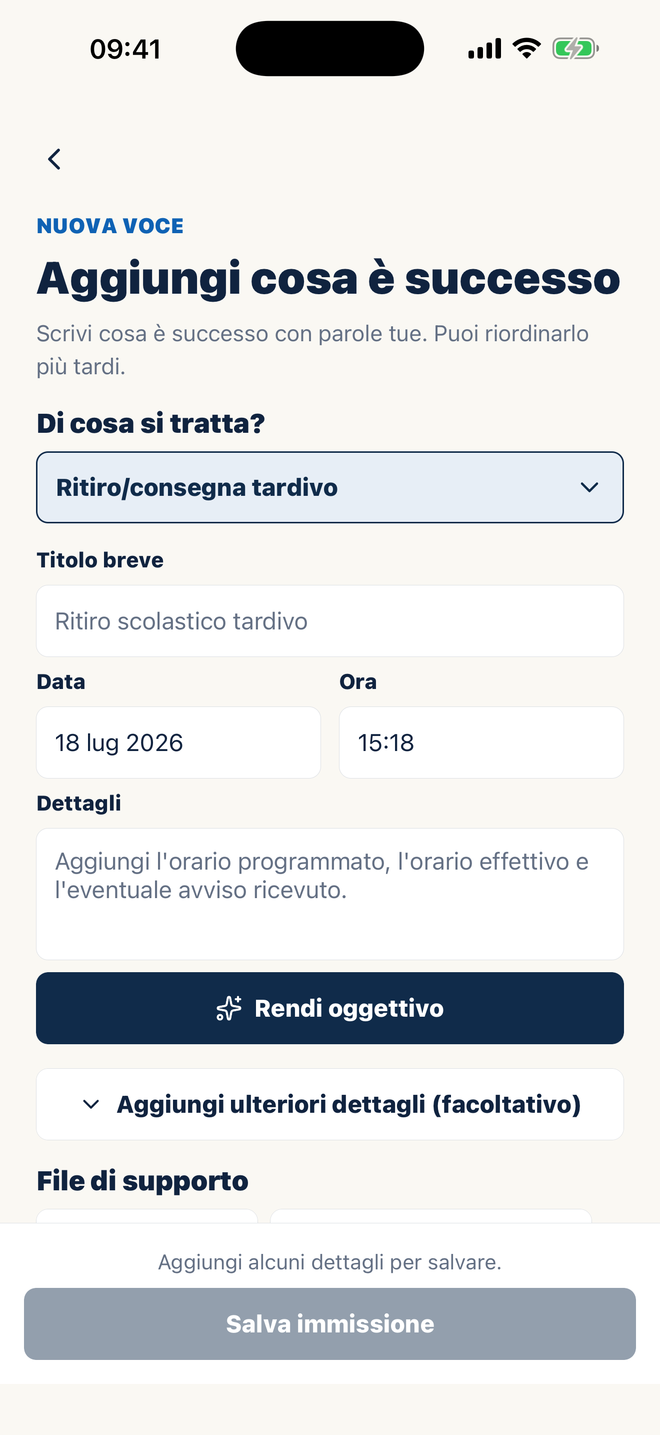 Schermata Casewell per scrivere note fattuali sull’affidamento