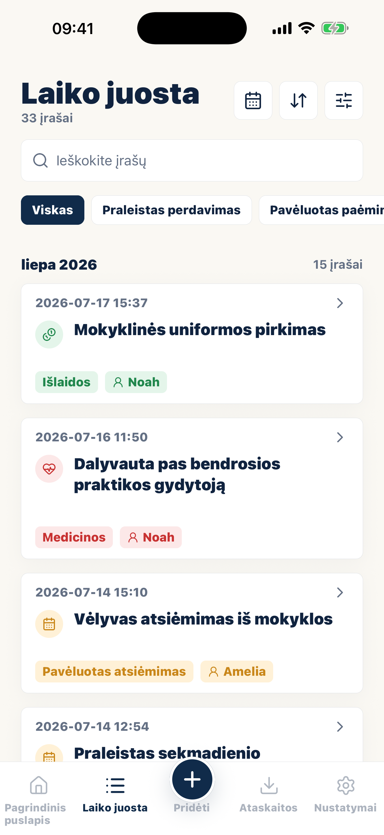 Casewell chronologija su datuotomis kategorijomis ir priedais