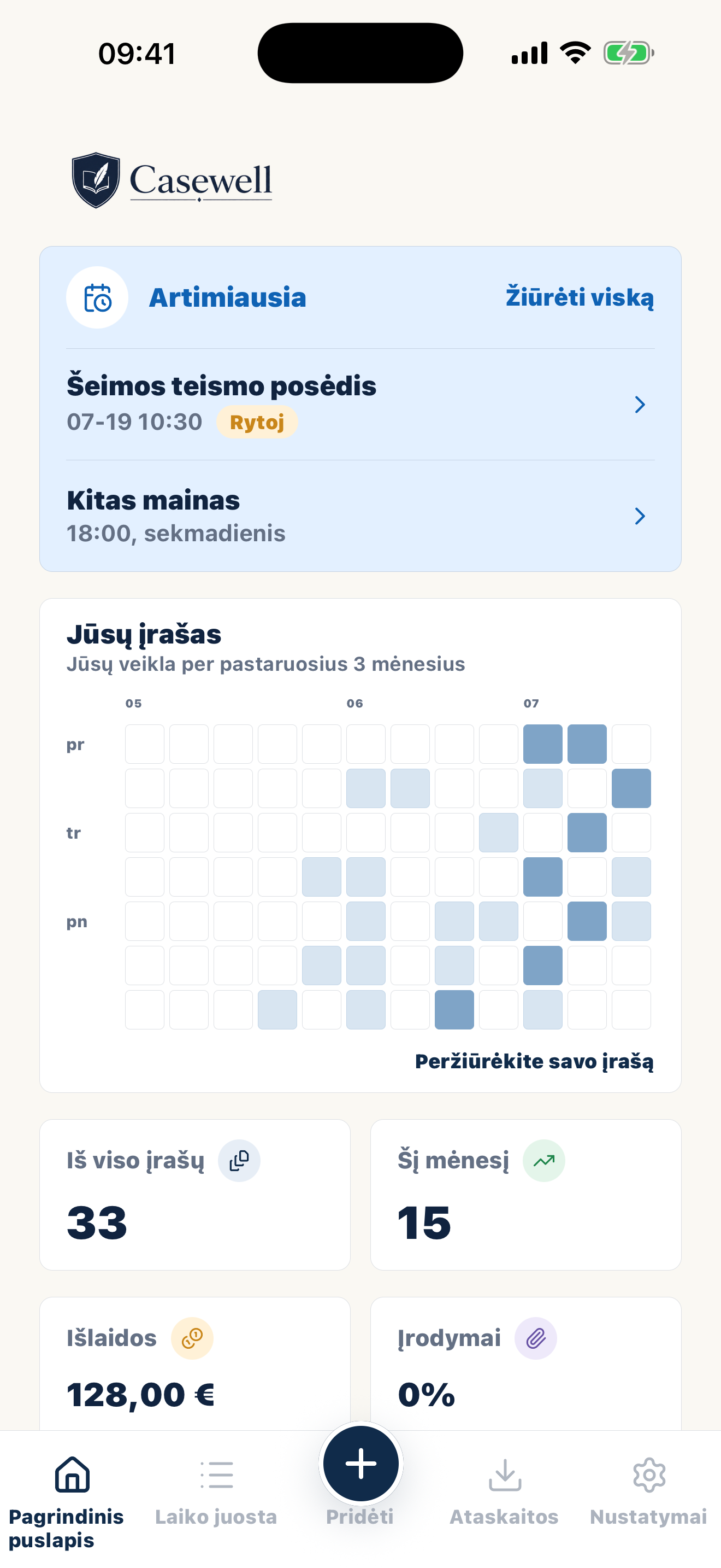 Casewell pradžios ekranas su privačiais globos įrašais
