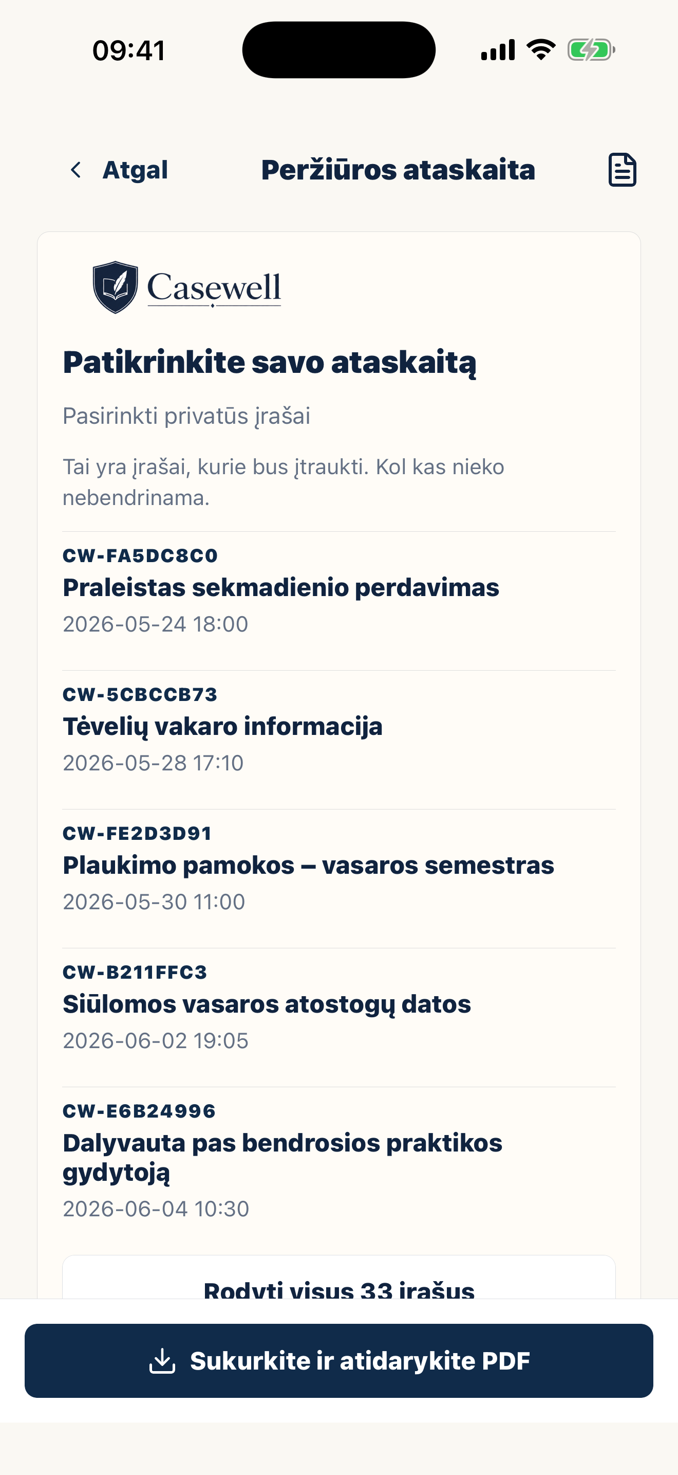 Casewell PDF eksportas su sutvarkytais įrašais
