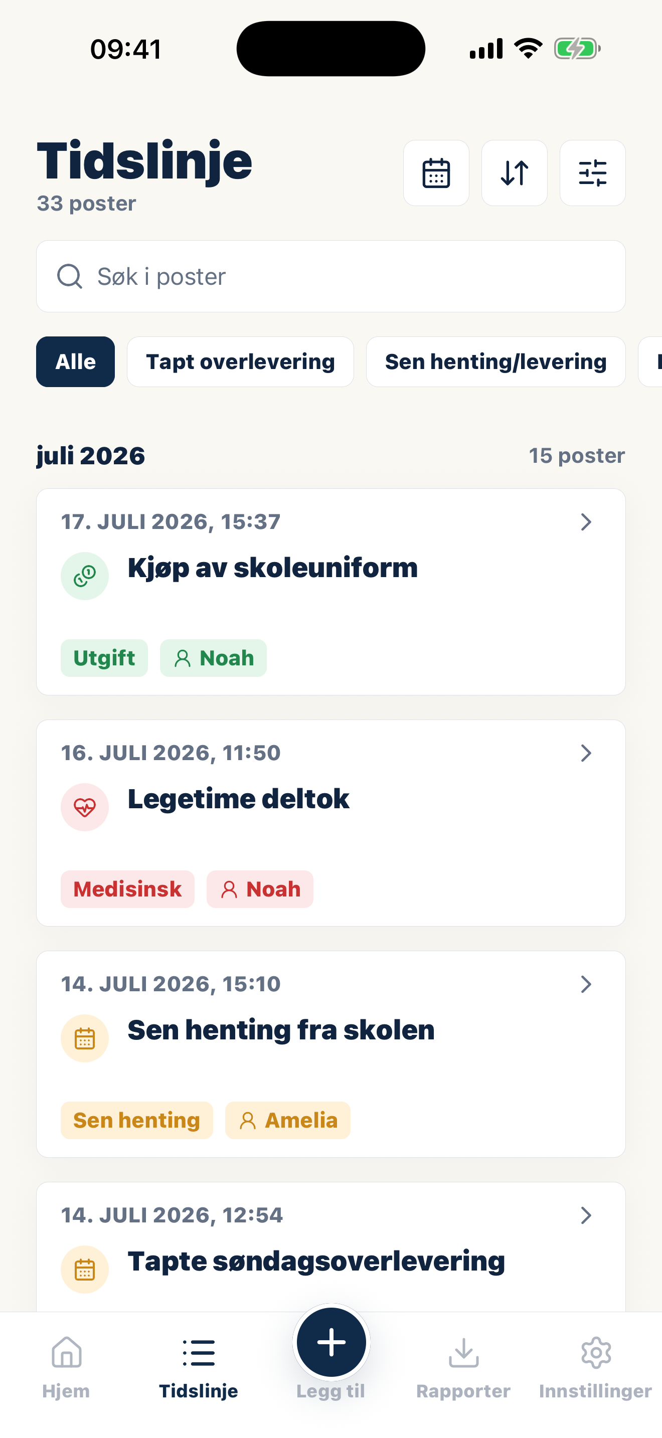 Casewell-tidslinje med daterte kategorier og vedlegg