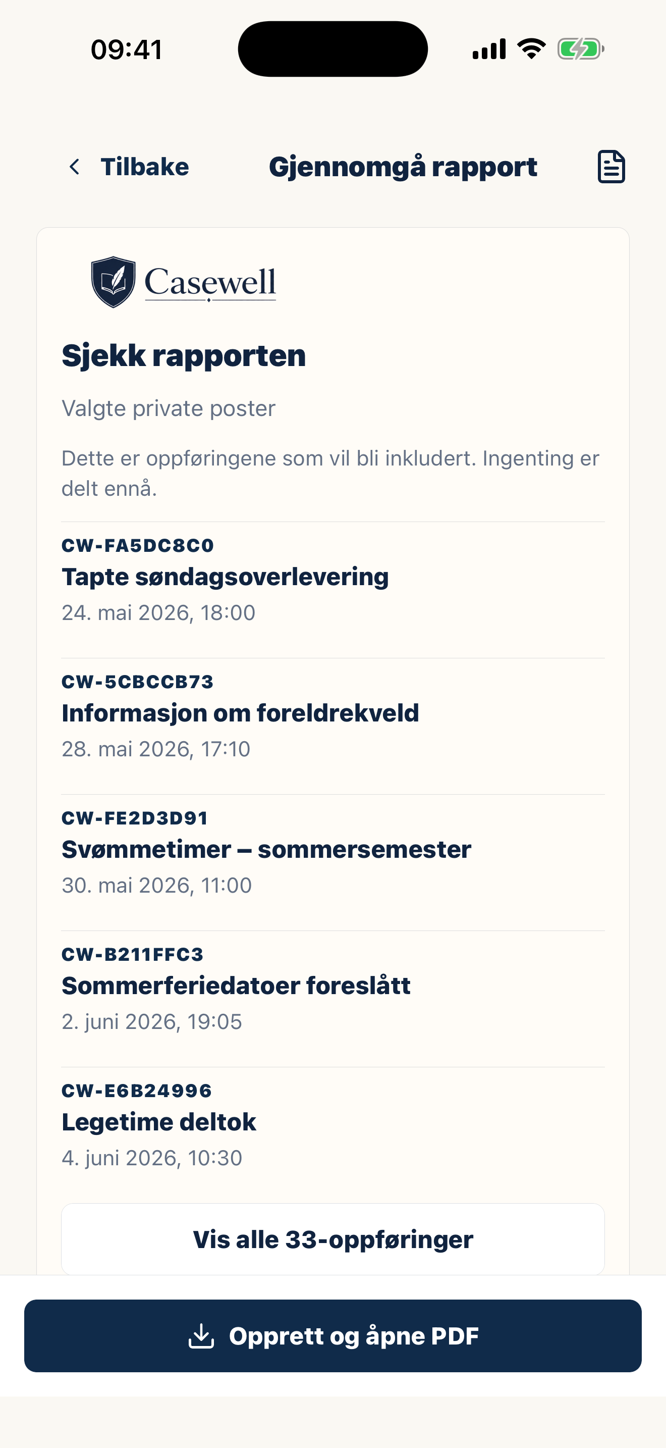 Casewell PDF-eksport med organiserte opptegnelser