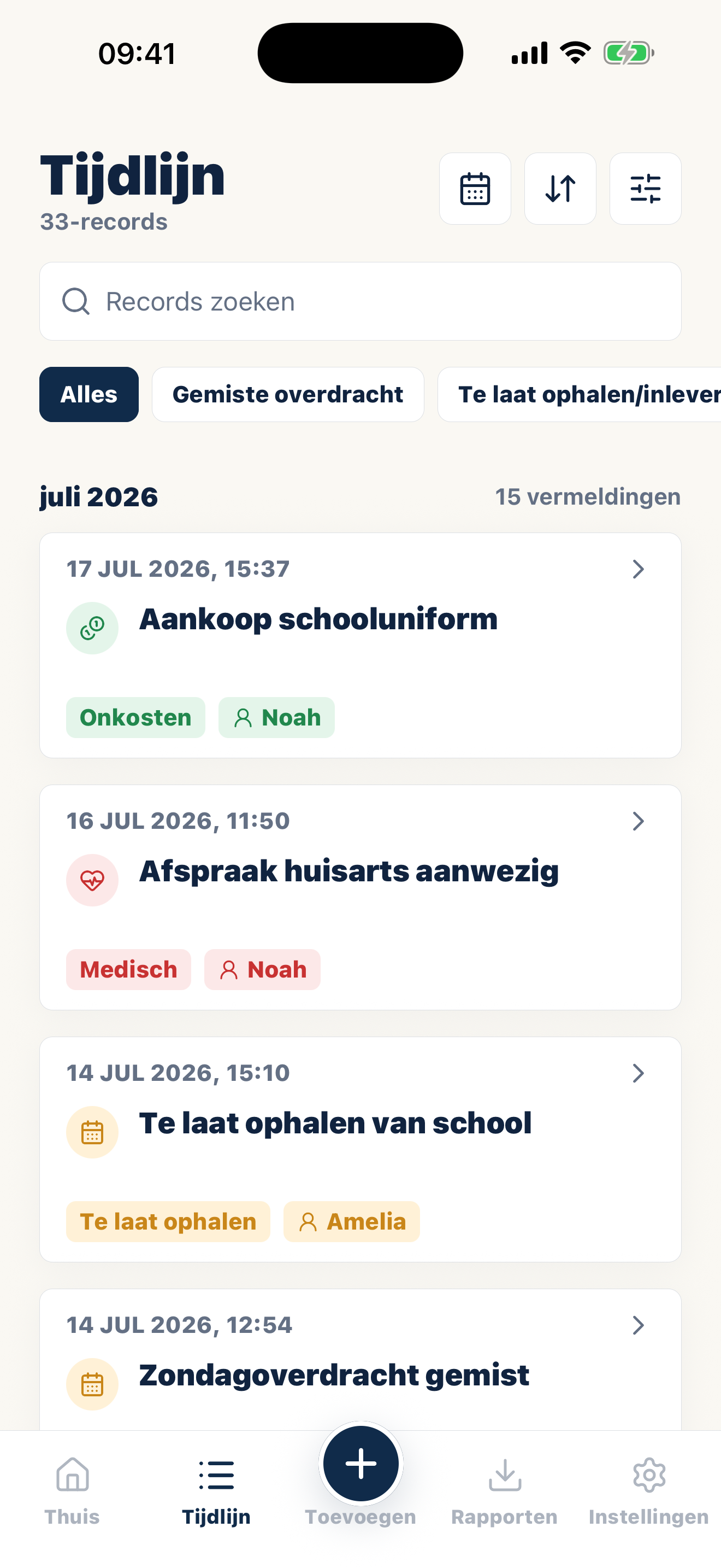 Casewell-tijdlijn met gedateerde categorieën en bijlagen