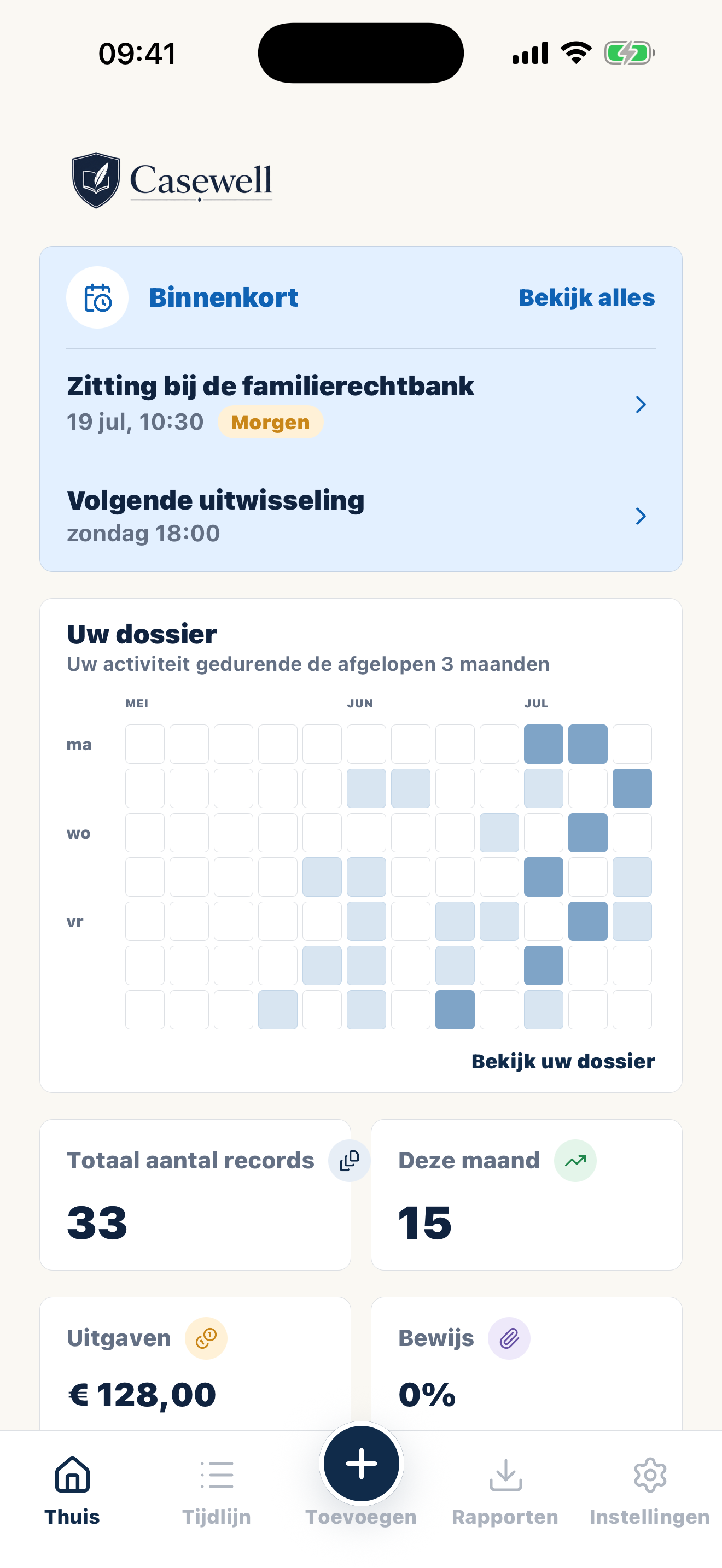 Startscherm van Casewell met privé-ouderschapsgegevens