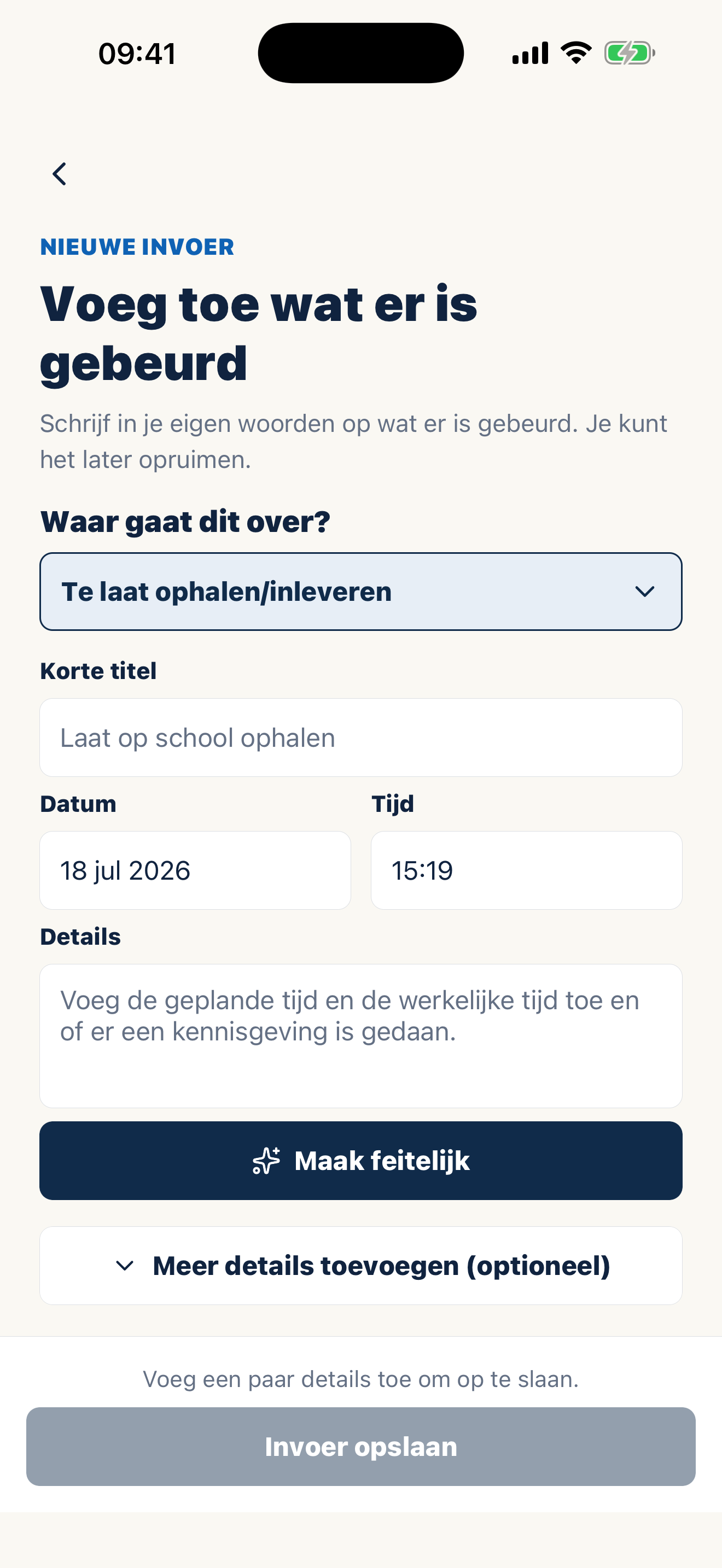 Casewell-scherm voor feitelijke ouderschapsnotities