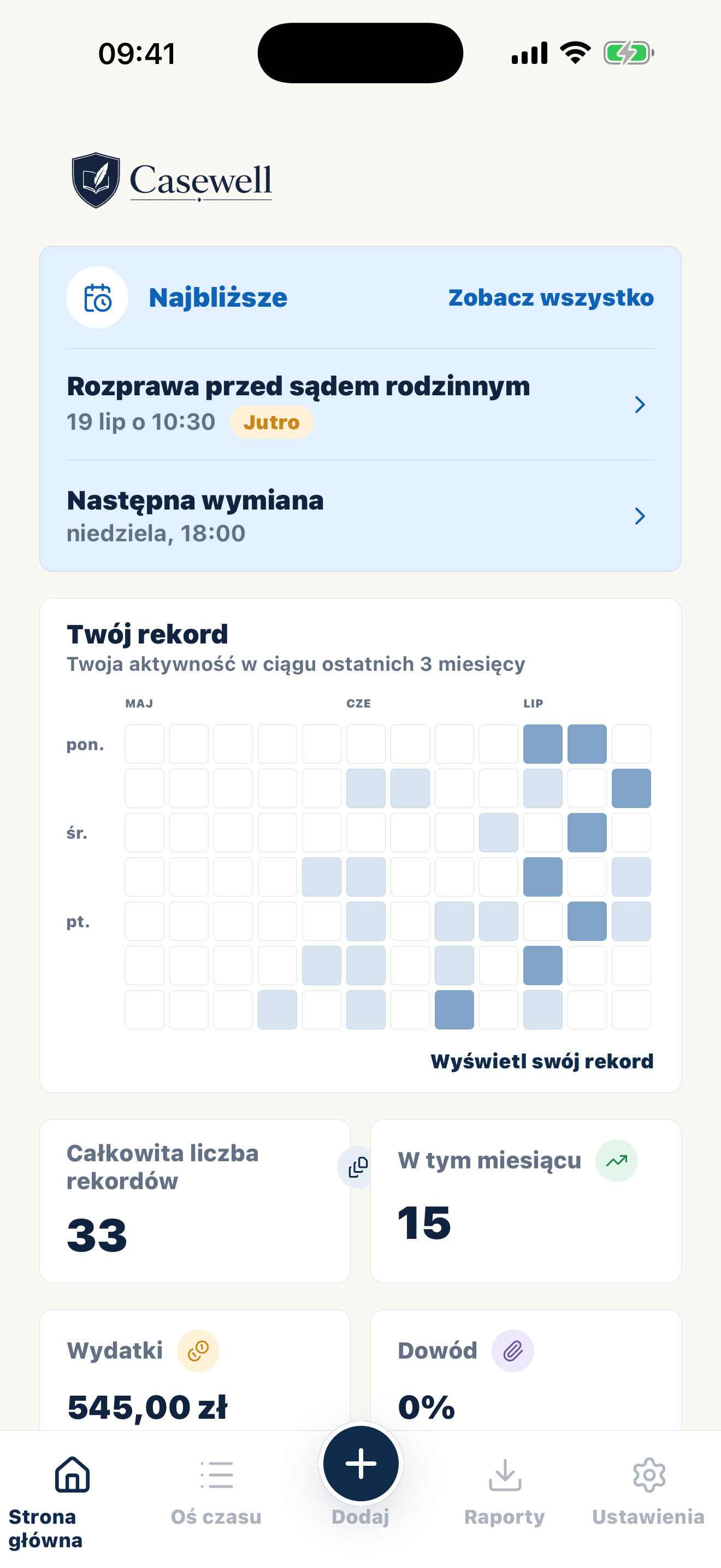 Ekran główny Casewell z prywatnymi zapisami dotyczącymi opieki