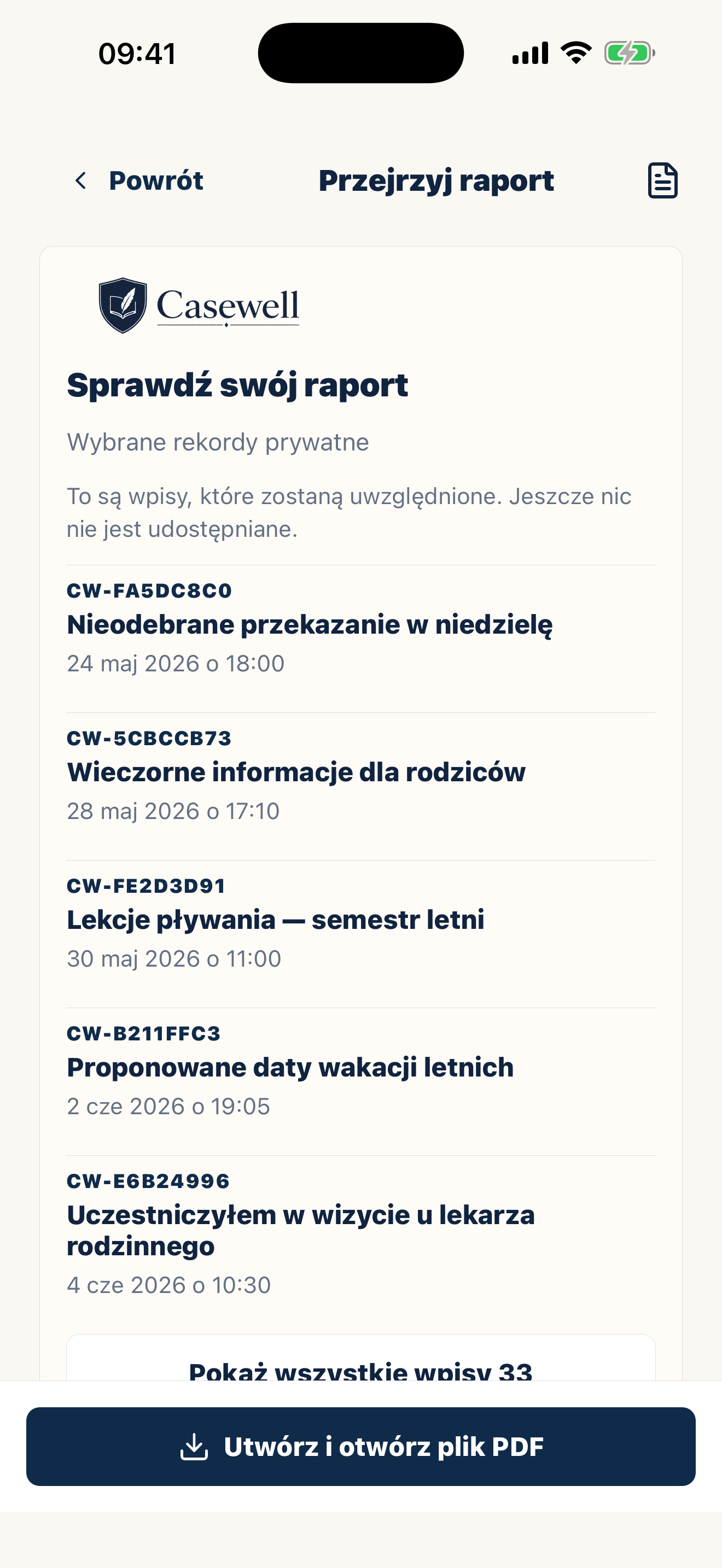 Eksport PDF Casewell z uporządkowanymi zapisami