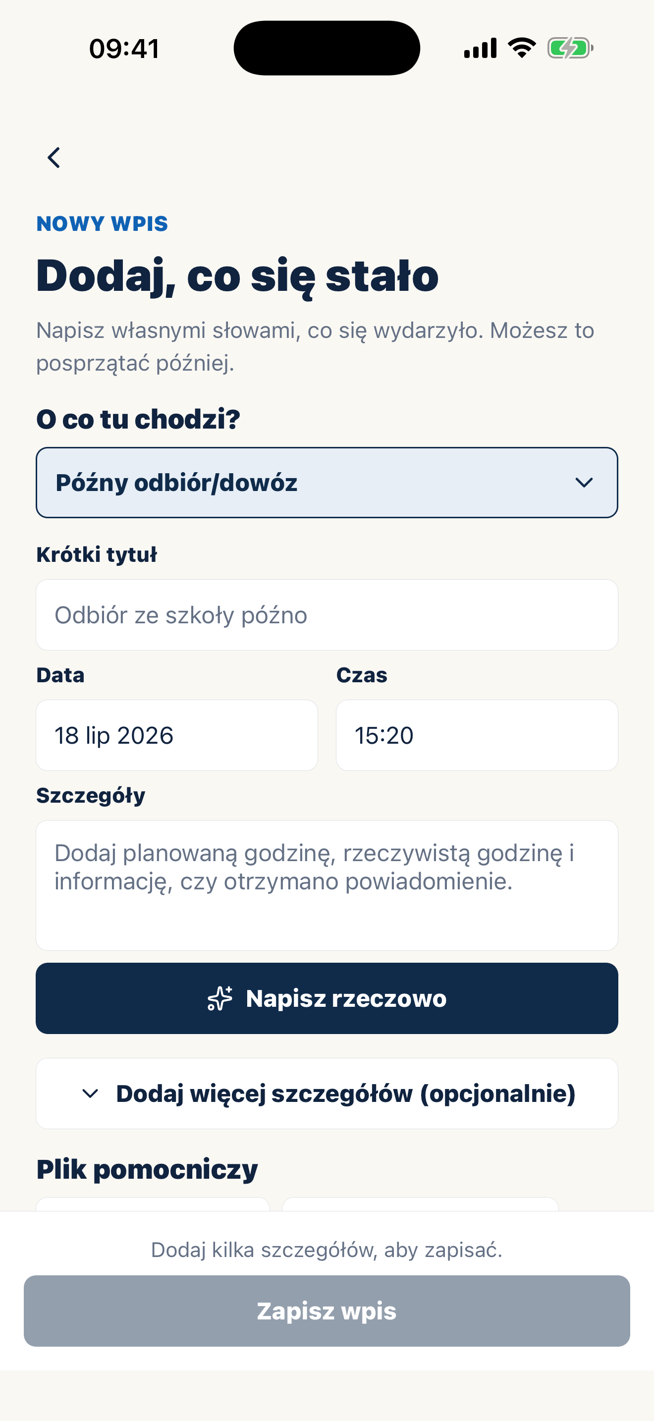 Ekran Casewell do pisania rzeczowych notatek dotyczących opieki