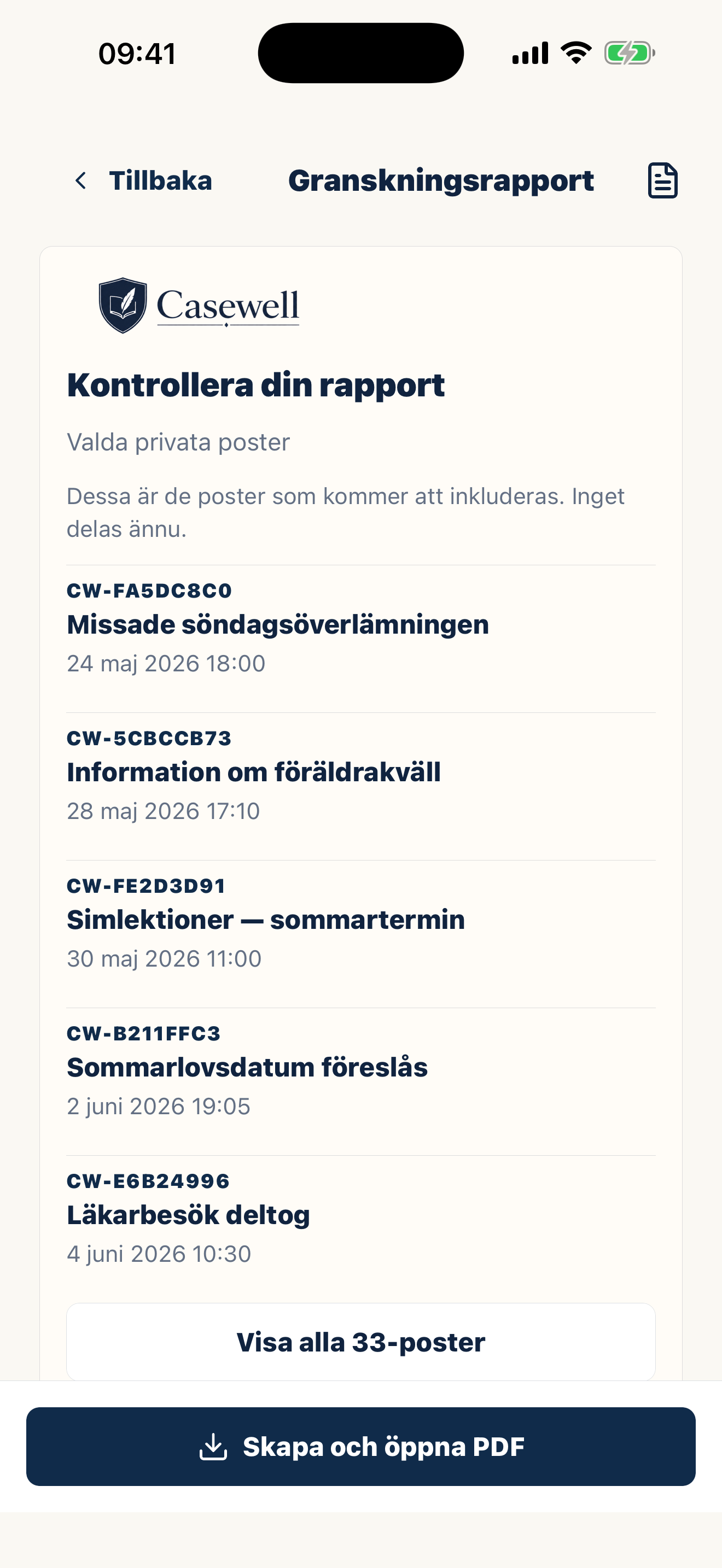 Casewell PDF-export med organiserade anteckningar