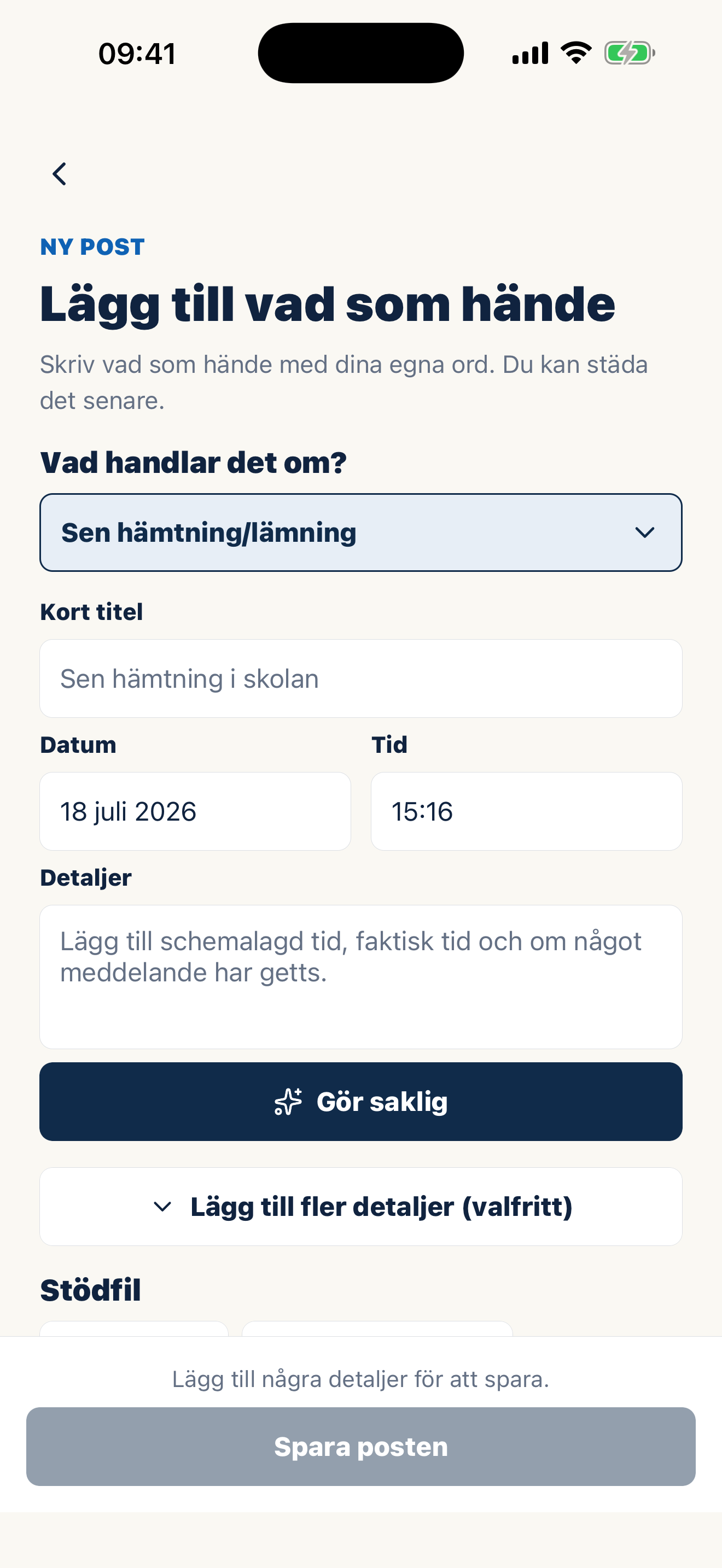 Casewell-skärm för sakliga vårdnadsanteckningar