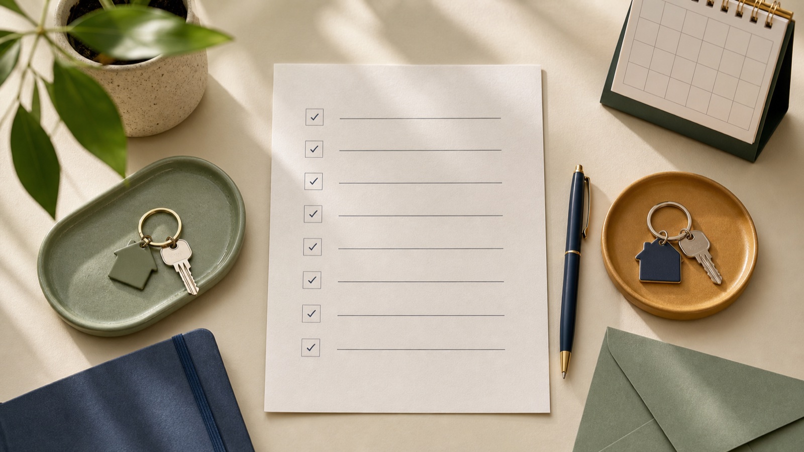 A completed checklist between two separate sets of house keys