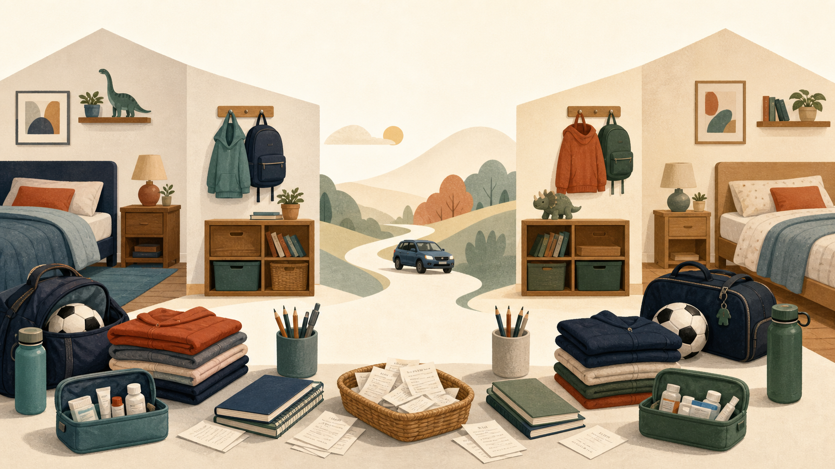 Dos habitaciones infantiles con ropa, material escolar, equipo deportivo, medicación y recibos organizados