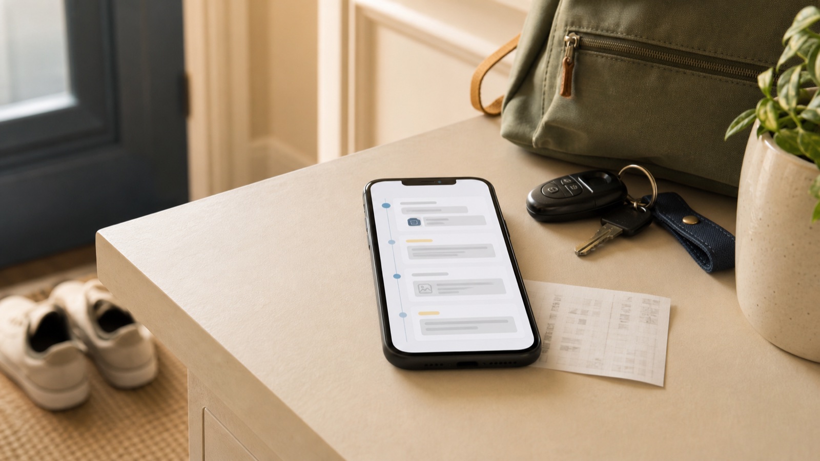 A phone showing an organized timeline beside keys, a backpack, and a receipt
