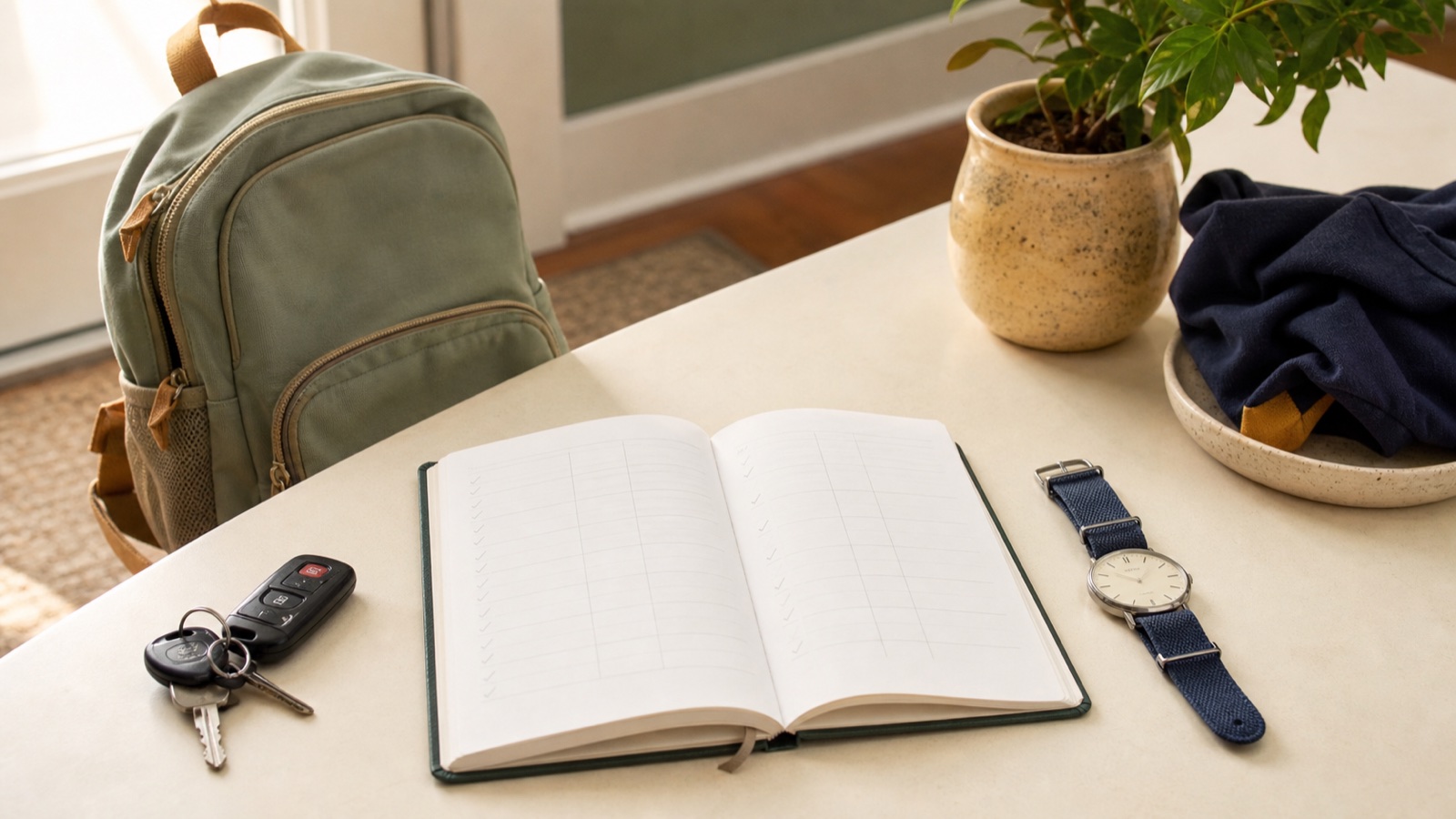 A backpack, keys, watch, and open exchange log arranged near an entryway