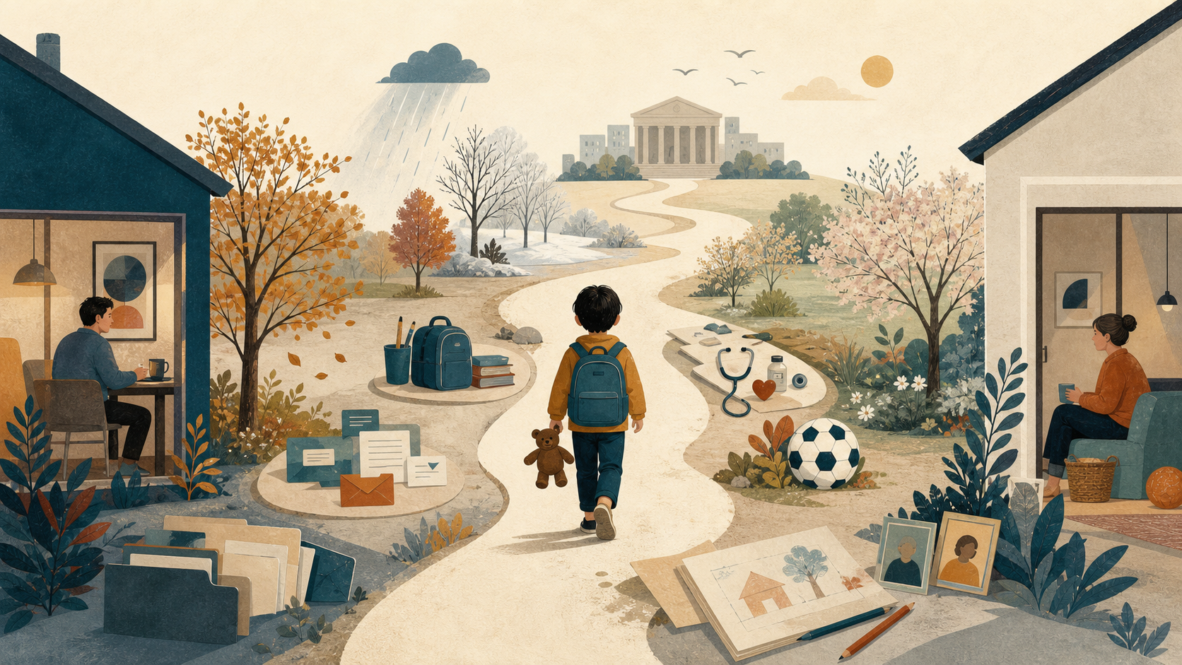 A child-centred path passes through changing seasons and everyday records between two homes before reaching a distant court