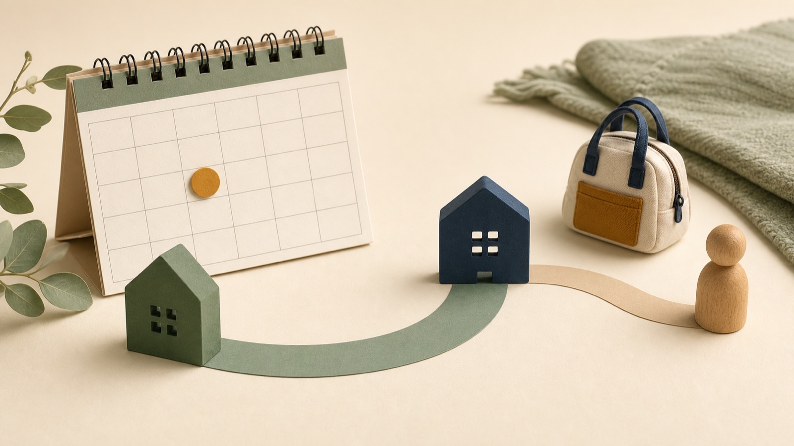 A calendar and two model homes connected by a path before a childcare figure