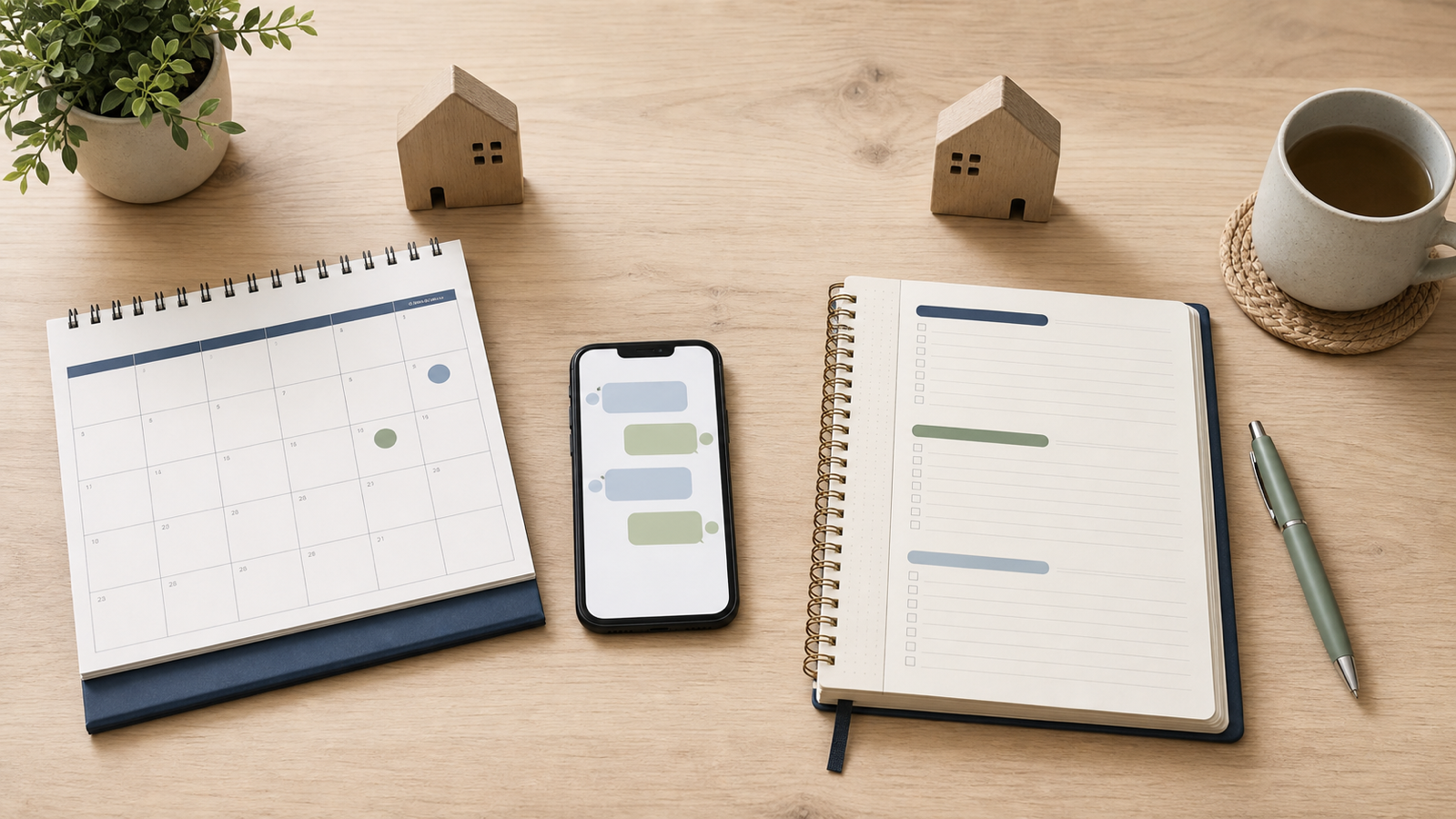 Two homes, a calendar, a phone and a structured notebook showing a childcare offer and record workflow