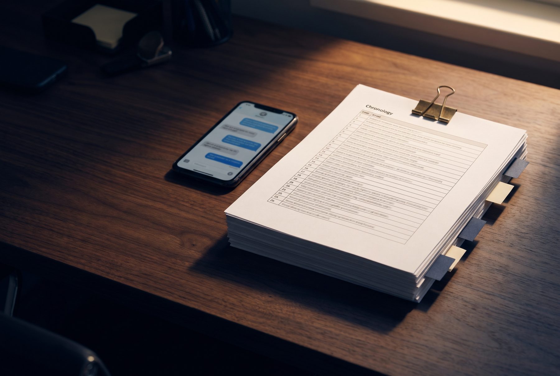A printed chronology with exhibit tabs next to a phone showing a message thread