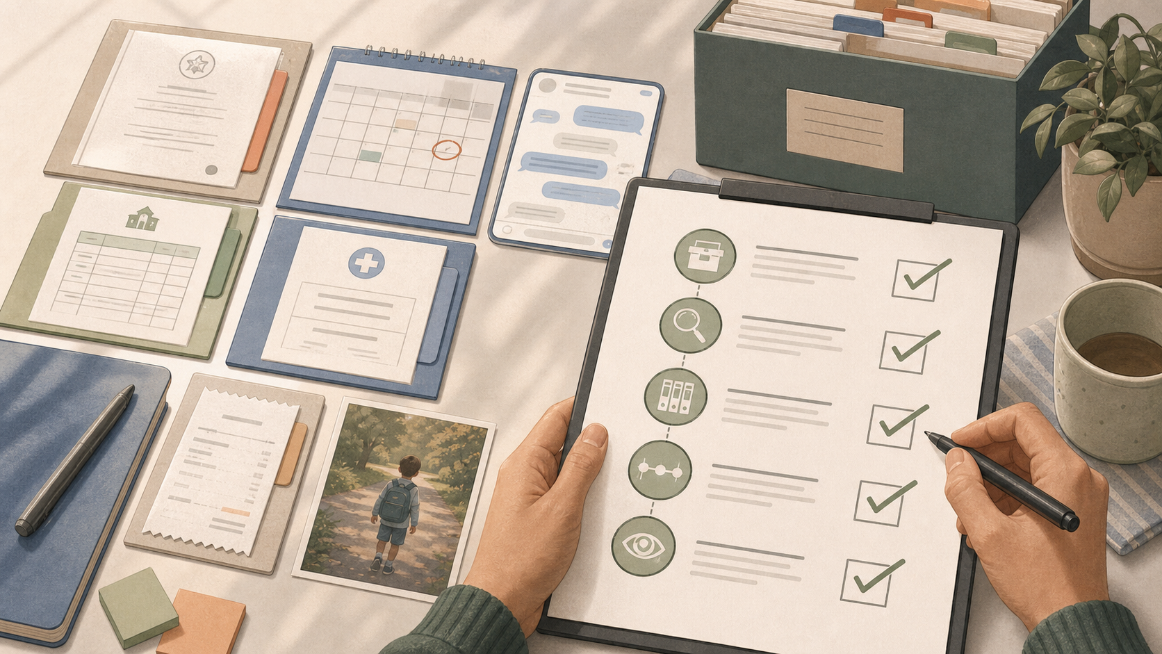 Evidence checklist beside indexed orders, messages, school records, receipts and a chronology