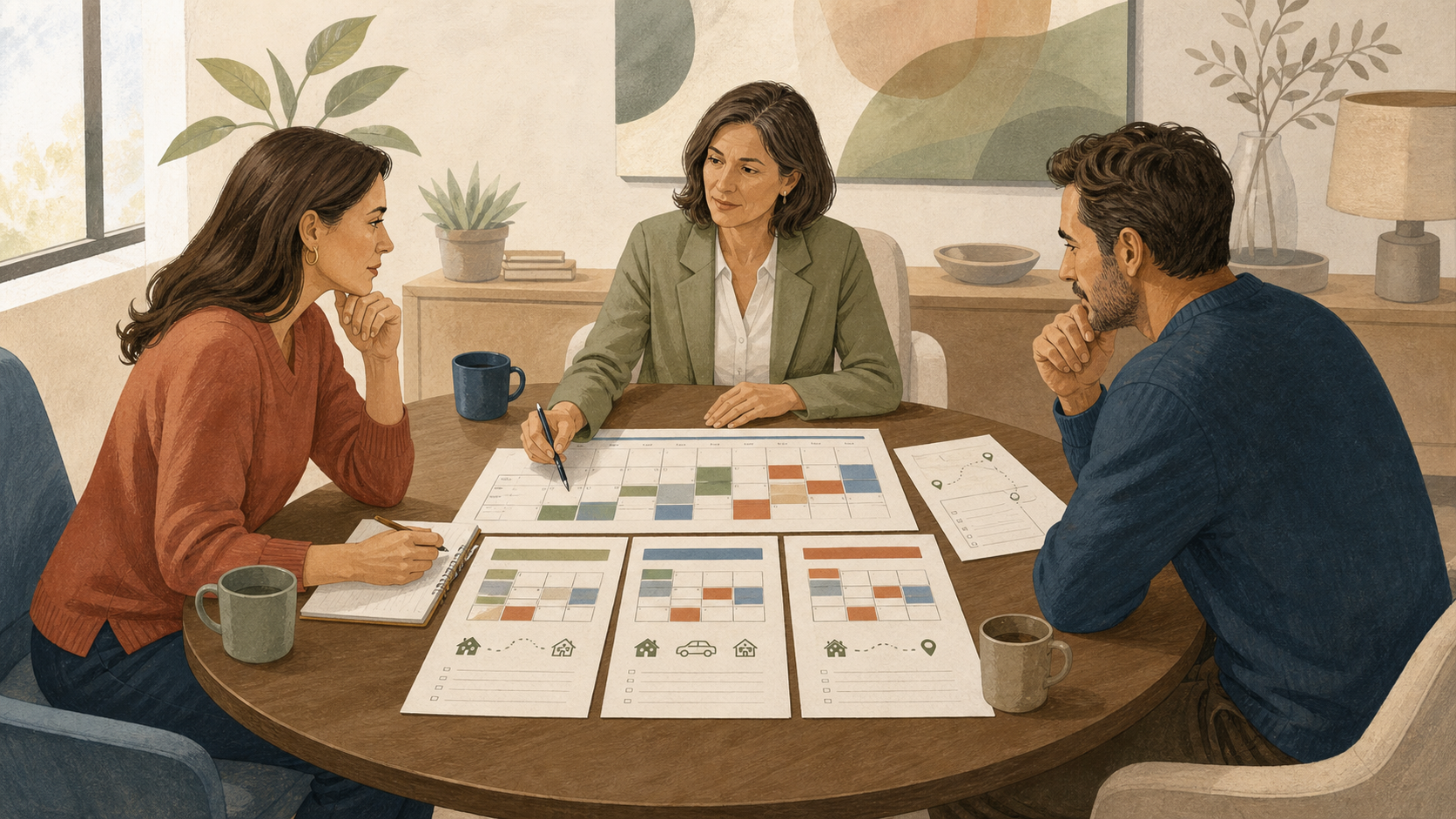 Two parents and mediator reviewing a child-focused proposal worksheet and practical calendar
